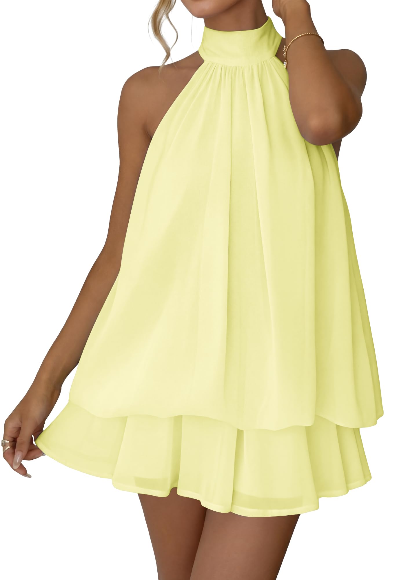 Maeau Mini robe dos nu en mousseline de soie pour femme - Sans manches - Dos nu - Robe bouffante pour vacances d'été - Robe d'été Y2k