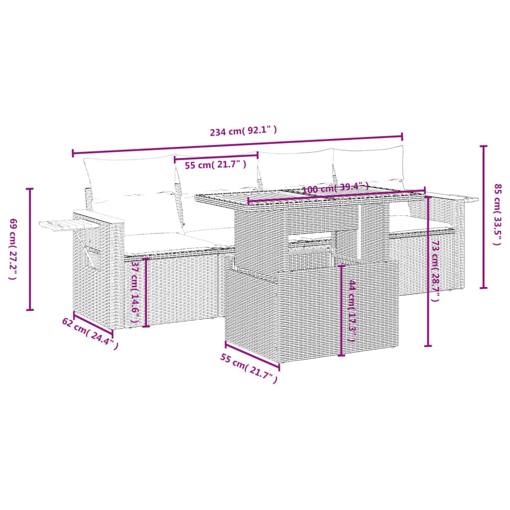 Makastle Salon de Jardin Modulaire 5 pcs Résine Tressée Gris