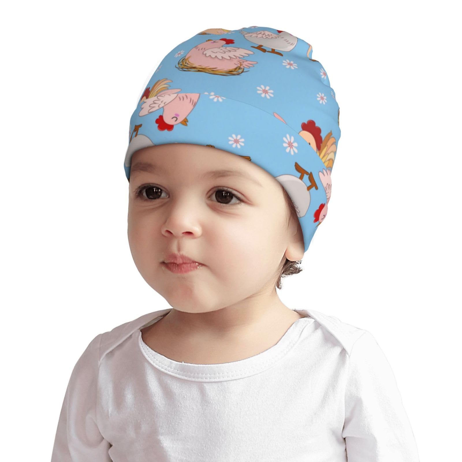 Rqzwdq Cute Cartoon Hen and Flowers Kids Beanie Hats Warm Knit Beanie Cap Skull Caps Gifts Decor for Boys Girls White