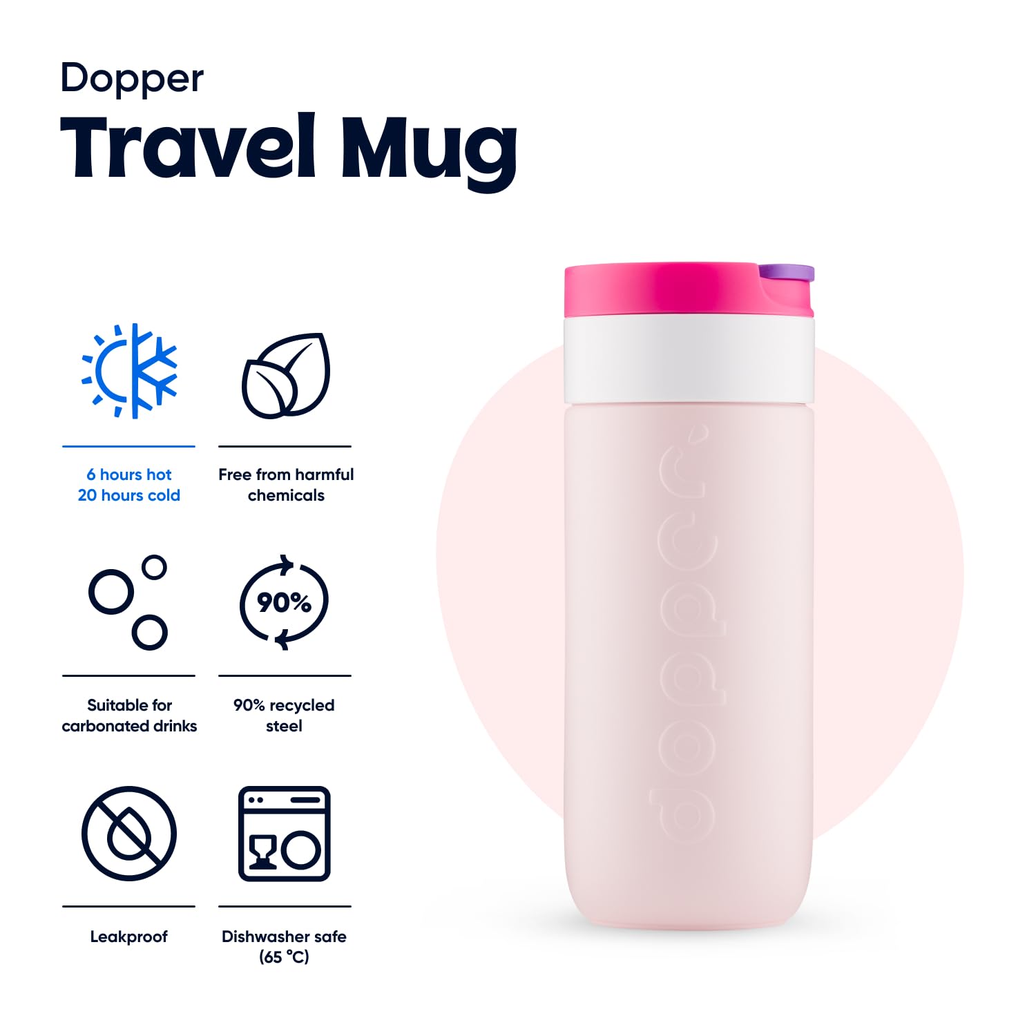Dopper Travel Mug de voyage isotherme 400 ml Rose baie – Gobelet isotherme anti-fuite pour boissons gazeuses, 6h chaud/20h froid, 90 % acier inoxydable recyclé