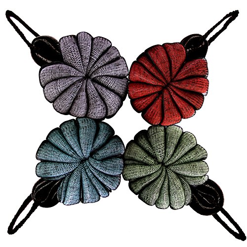 Mooker 4 Pack with Four Colored Loofah Mesh Pouf Set,Bath Sponge for Exfoliating Scrub