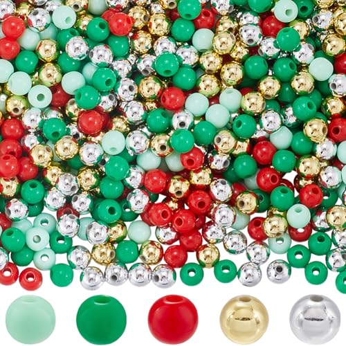SOFPLATE 1500Pcs 5 Colors 6mm Christmas Beads Red Acrylic Beads Plastic Green White Gold Large Loose Bead Round for jewellery Making Home Party Decor Bracelets Necklace Key Chain DIY Beading Crafts