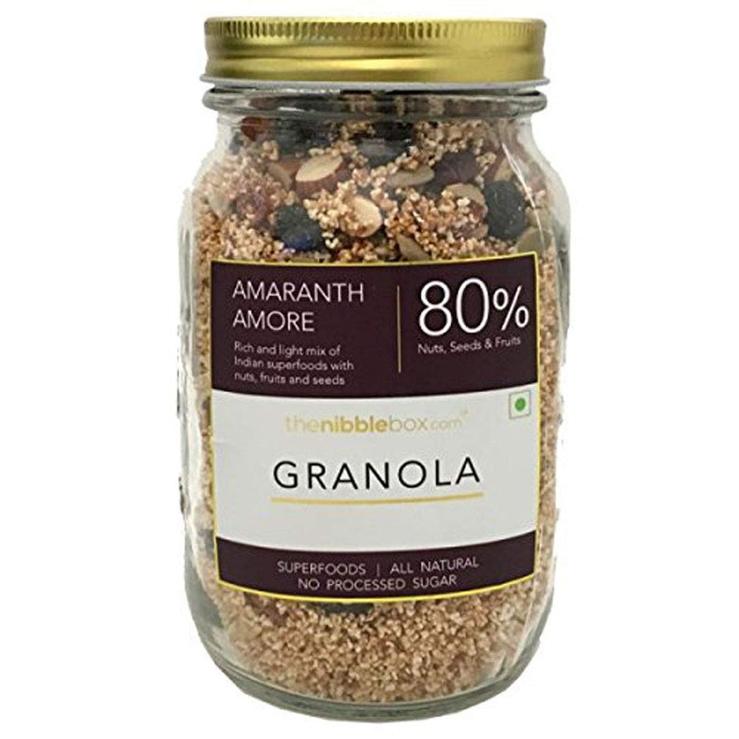 Amaranth Amore Granola, 400g Jar [65% dry fruits, gluten free, vegan friendly, no refined sugar]