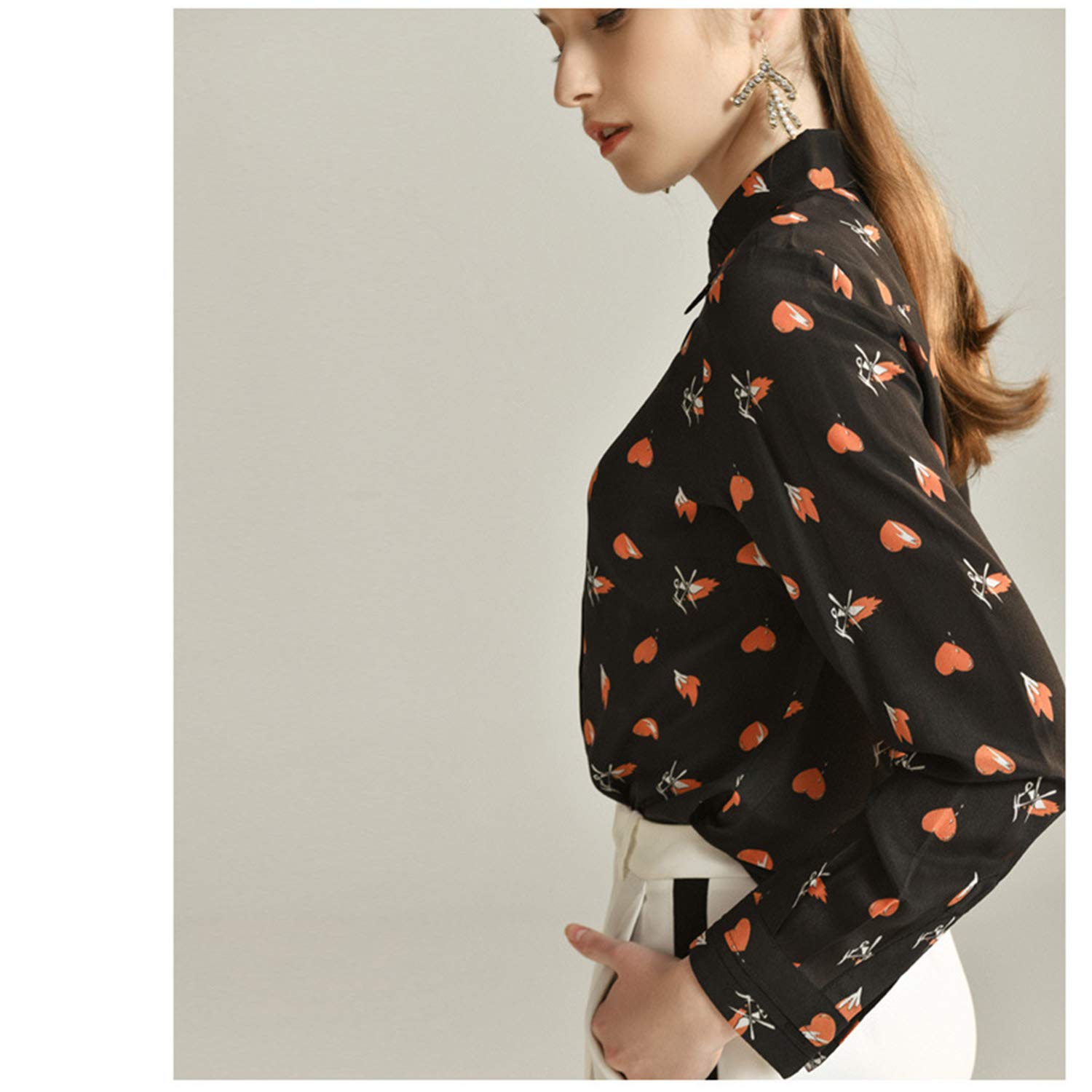 Camicia A Maniche Lunghe con Risvolto Stampato, Top Stampato A Forma di Cuore da Donna, Blusa in Seta Leggera