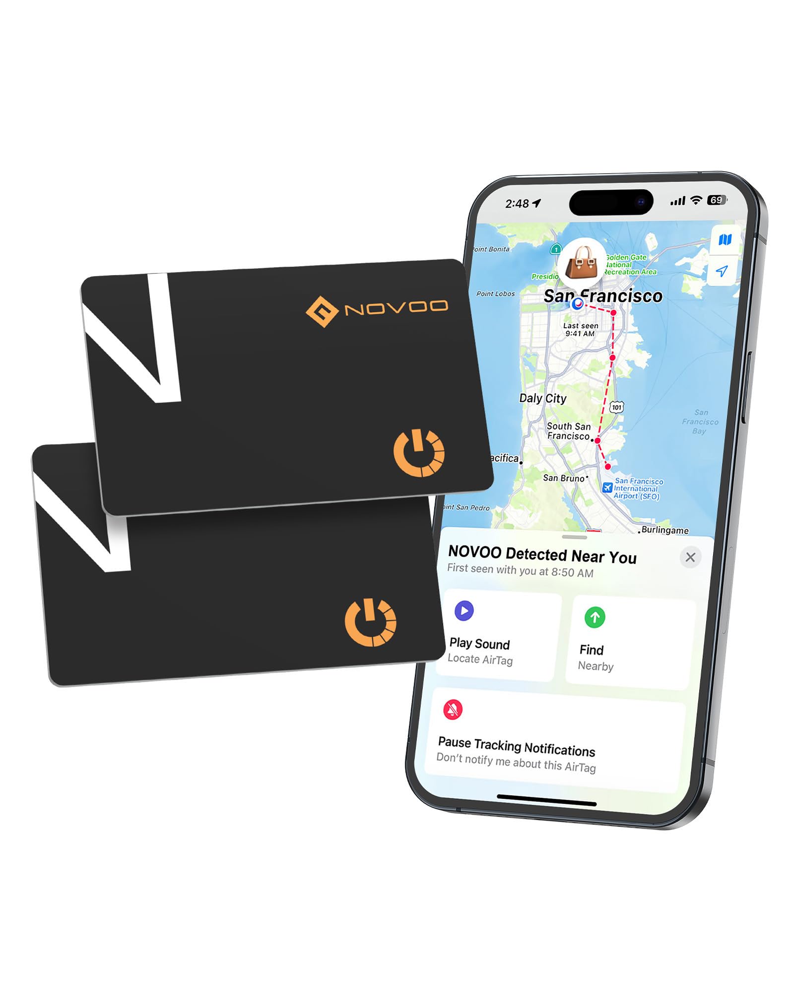 NOVOO Air Locator Tag (iOS Only) Wallet Tracker Card with Find My, Smart Card Bluetooth Tracker, 6 Years Battery, IP68 Waterproof, 1.6mm Keys Finder and Item Locator for Keys, Bags, Passport(2 Pack)