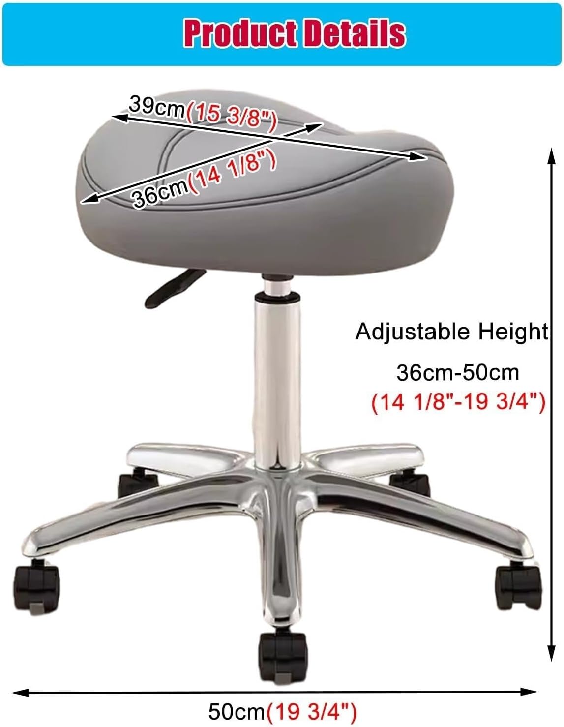 Saddle Stool with Casters, Ergonomic Saddle-Shaped Chair for Hairdressing Beauty Salon Dental Tattoo, Height Adjustable Leather Saddle Seat on Wheels for Office Workshop,LightGray-