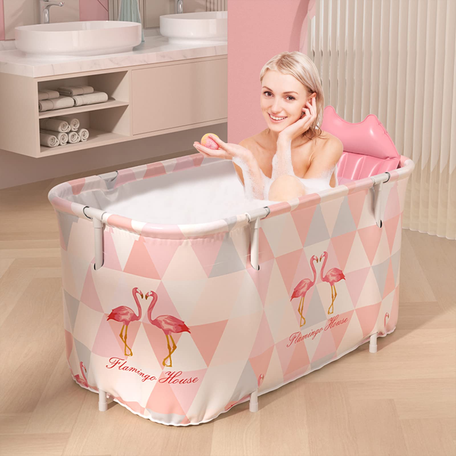 Portable Bathtub for Adult Foldable Soaking Shower Freestanding Collapsible Home SPA Bath Tub with Inflatable Pillow,Seat