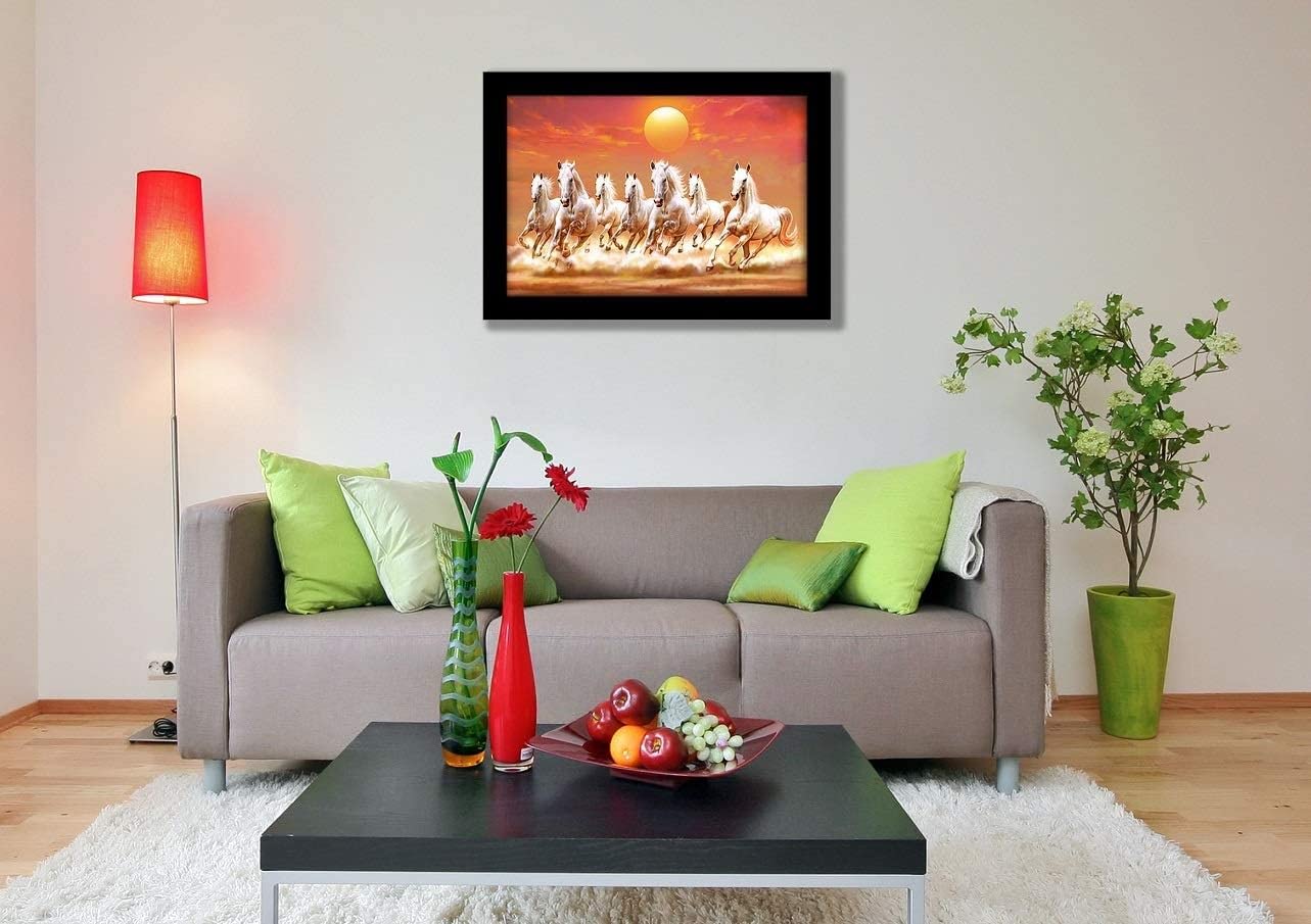 MangalFashions Seven 7 Running Horses Wall Art vastu with Frame (Sunrise, 18 Inch x 12 Inch) multicolor