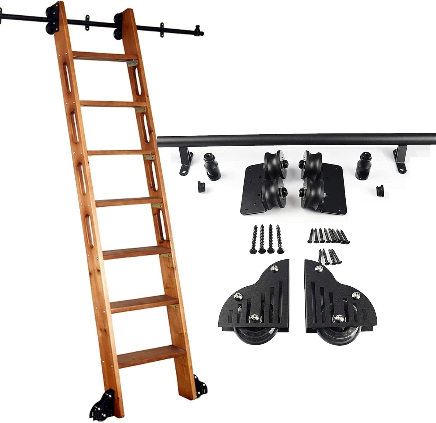Sliding Library Ladder Hardware Kit 3.3ft-20ft Round Tube Mobile Ladder Track Full Set ，Home Office Rolling Ladder Rail + Floor Roller Wheels(No Ladder) - Black (Size : 16ft/500cm Track kit)