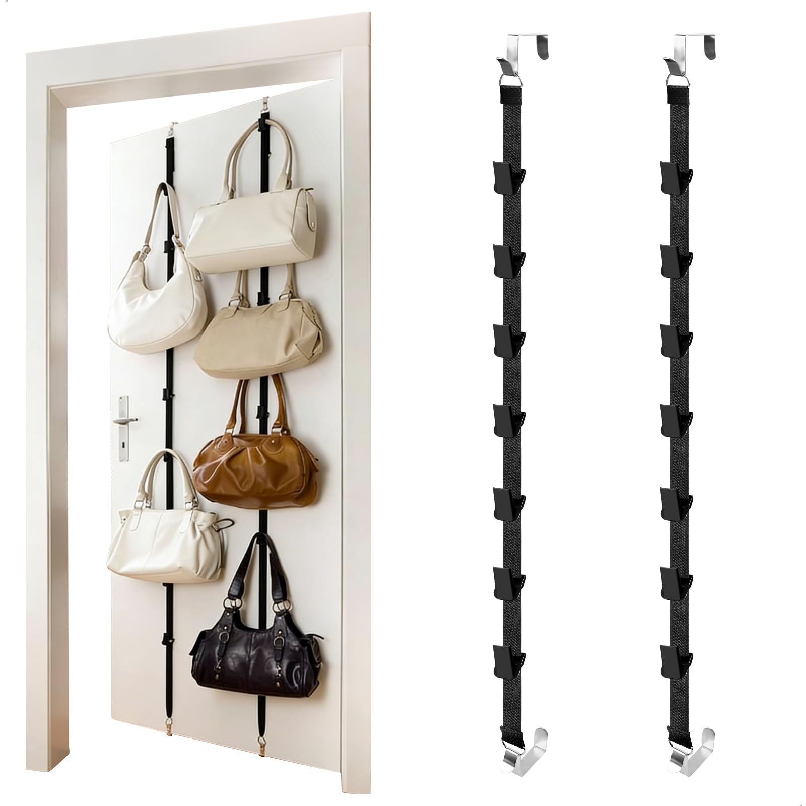 Porta Borse,Organizer Borse,Portaborse Parete​con 7 Ganci Salvaspazio,Multifunzionale per Borses e Asciugamani,Senza Forare,Portaborse da Appendere per Cucina Bagno e Camera,Nero Set di 2