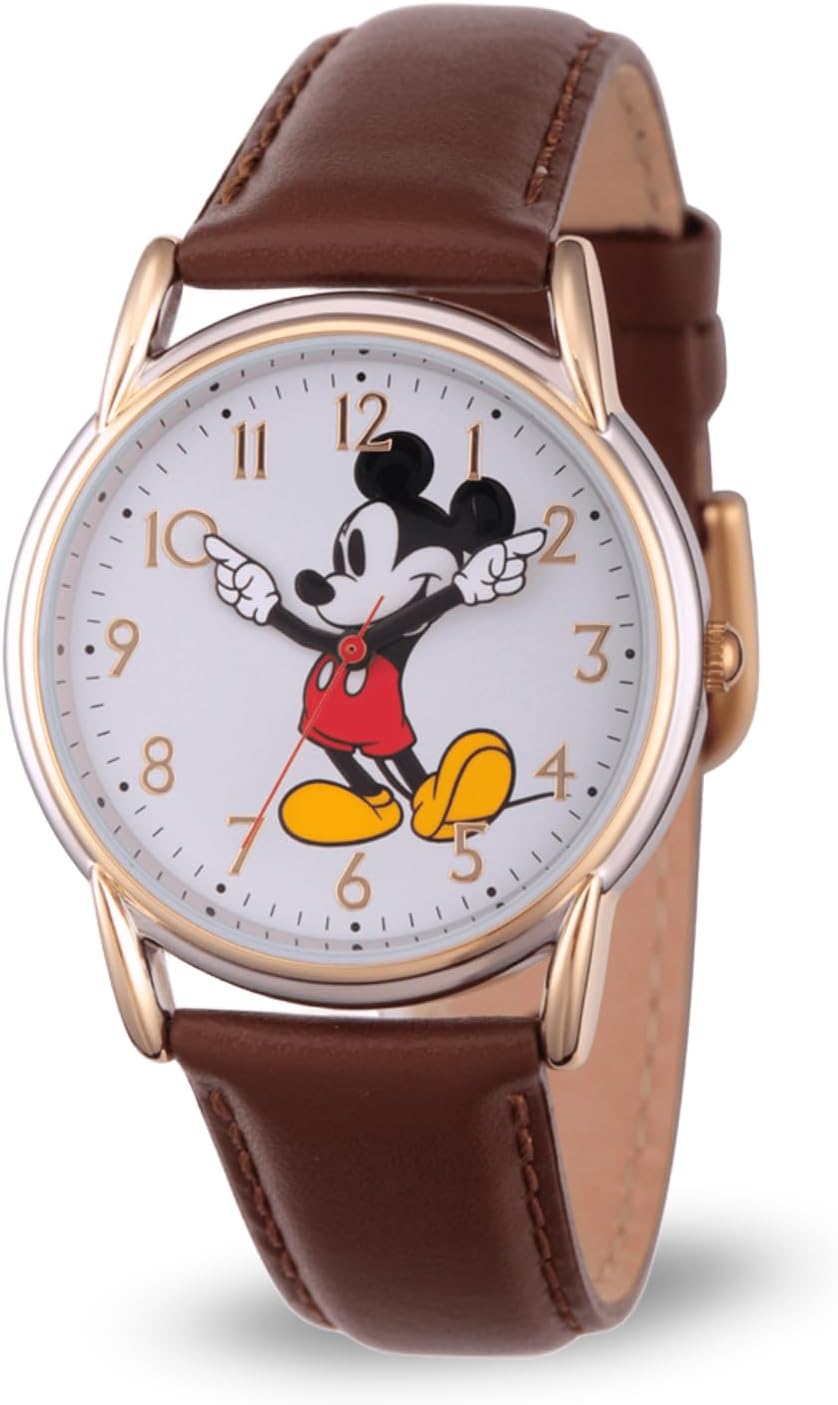Mickey Watch - Watch for Women - Mickey Mouse Watches for Women Toys - 90s Mouse - Vintage - Articulating Hands - Gold Case - Brown Leather Strap