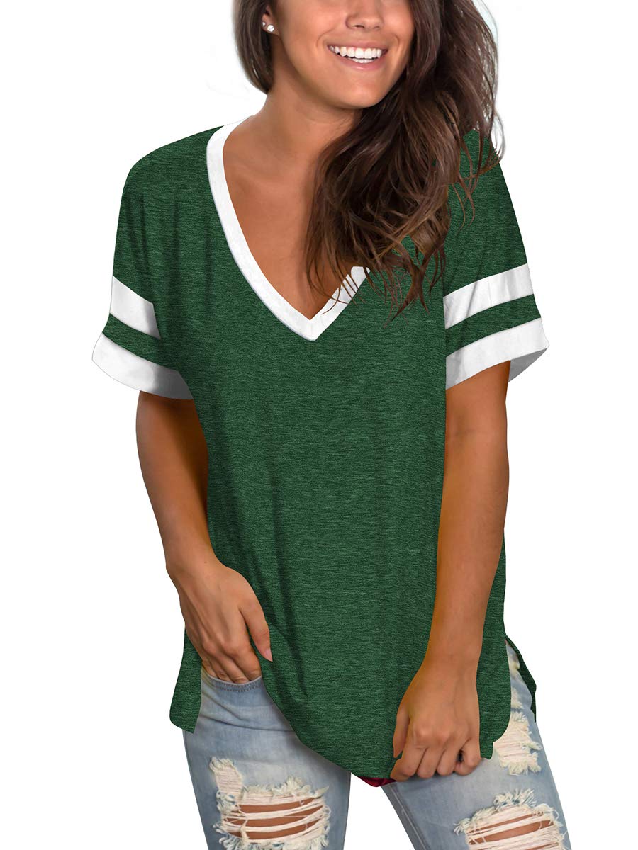 Womens Tops Striped Short Sleeve V Neck Tee T Shirts Side Split Tunic