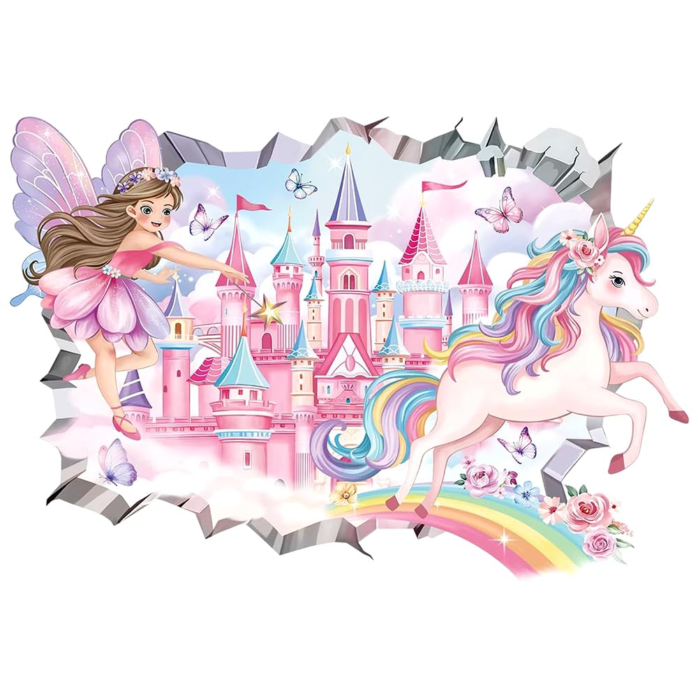 Unicorn Castle Wall Stickers 3D Decals,Unicorn Castle Wallpaper 3D Smash Wall Removable Walls Art Decal Walldecals Room Accessories 3D Effect Walls Stickers for Offices Living Room Bedroom