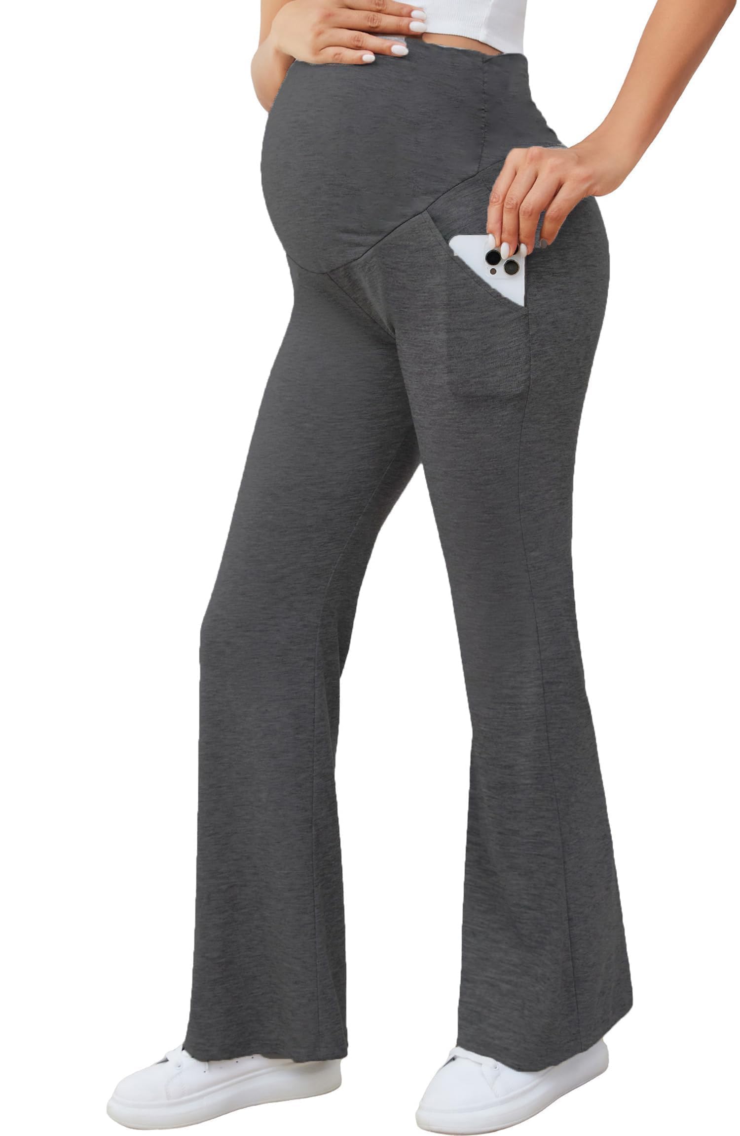 Shen&Qege Women's Gray Cotton Maternity Pants Cotton Over The Belly Work Pregnancy Pants Stretchy Lounge Wide Leg Trousers With Pockets