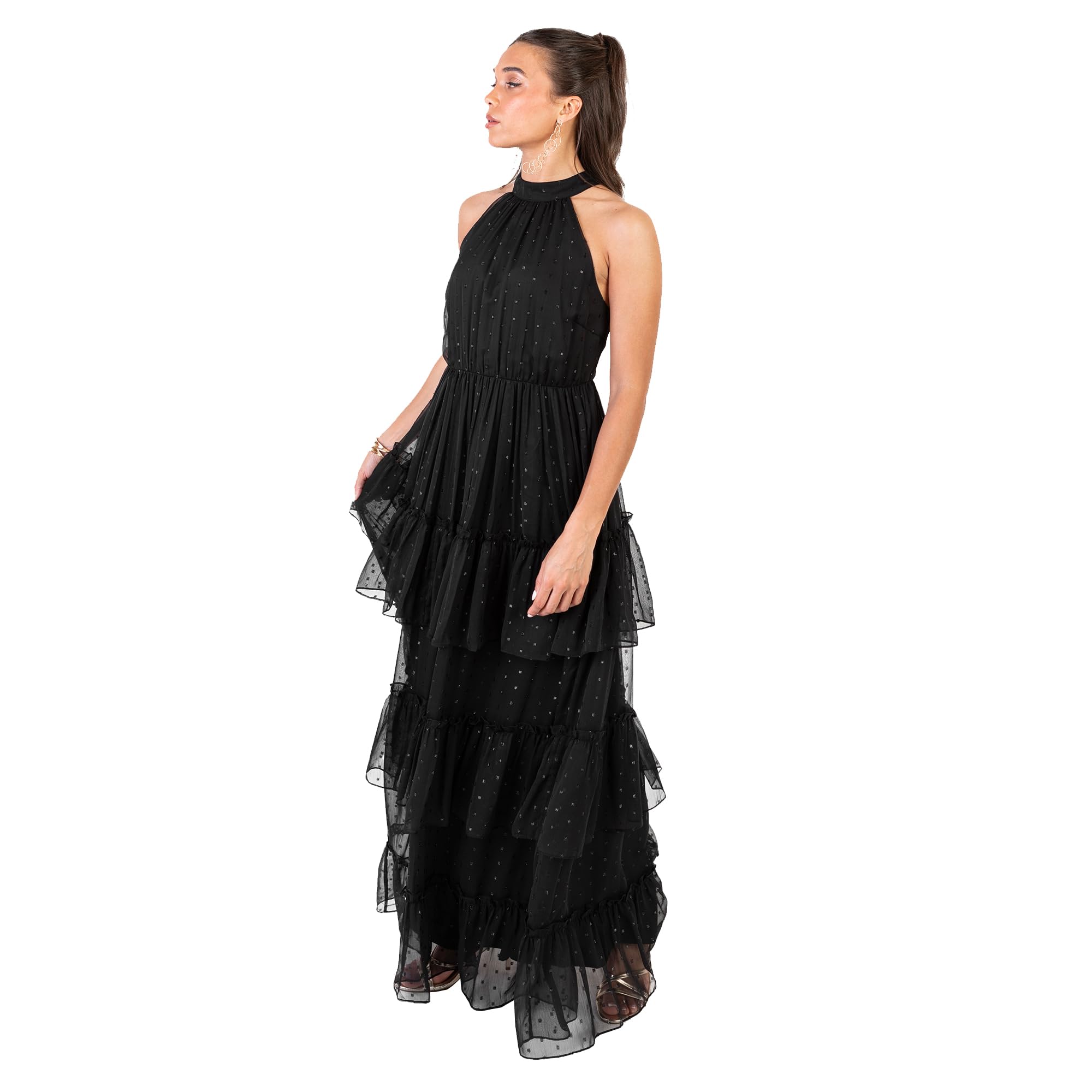 Women's Maxi Dress Ladies Sleeveless Halterneck Polka Dot Chiffon Tiered Ruffle Keyhole Tie Back A-Line Evening Occasion