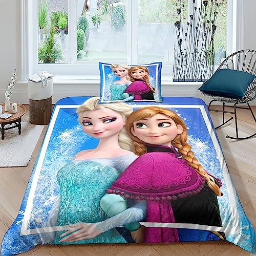 Frozen Juego De Ropa De Cama Microfibra Suave Transpirable Elsa Anna Juego De Fundas Edredón con Funda Nórdica Funda De Almohada para Familiar Y Niños Single(135x200cm)