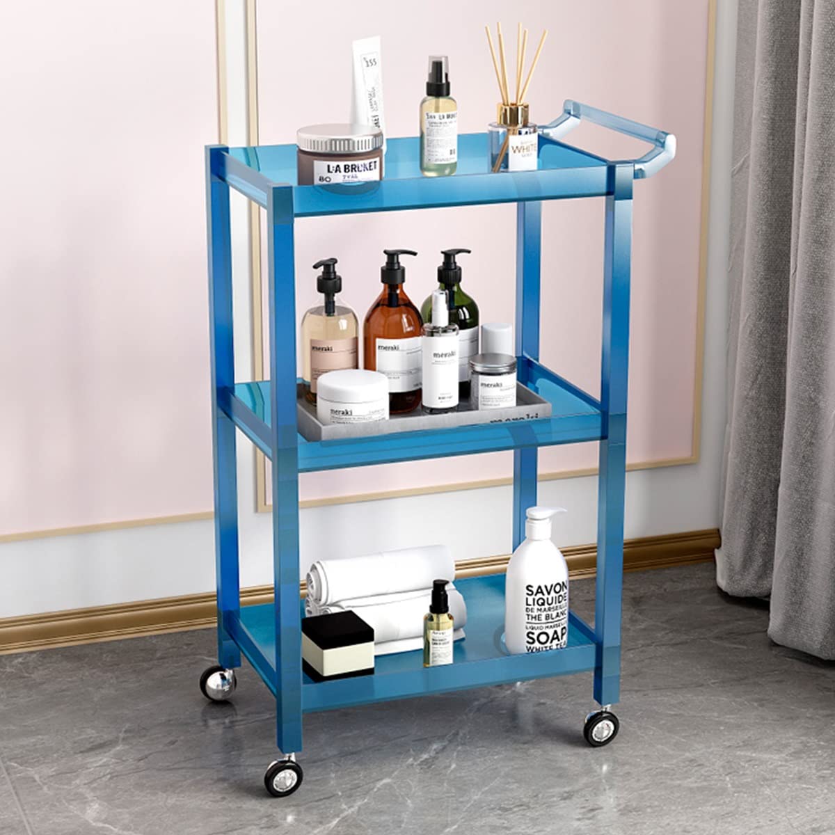 Carrito de cocina rodante de 3 niveles con asa y ruedas, fácil de montar, para manualidades, para baño, color azul