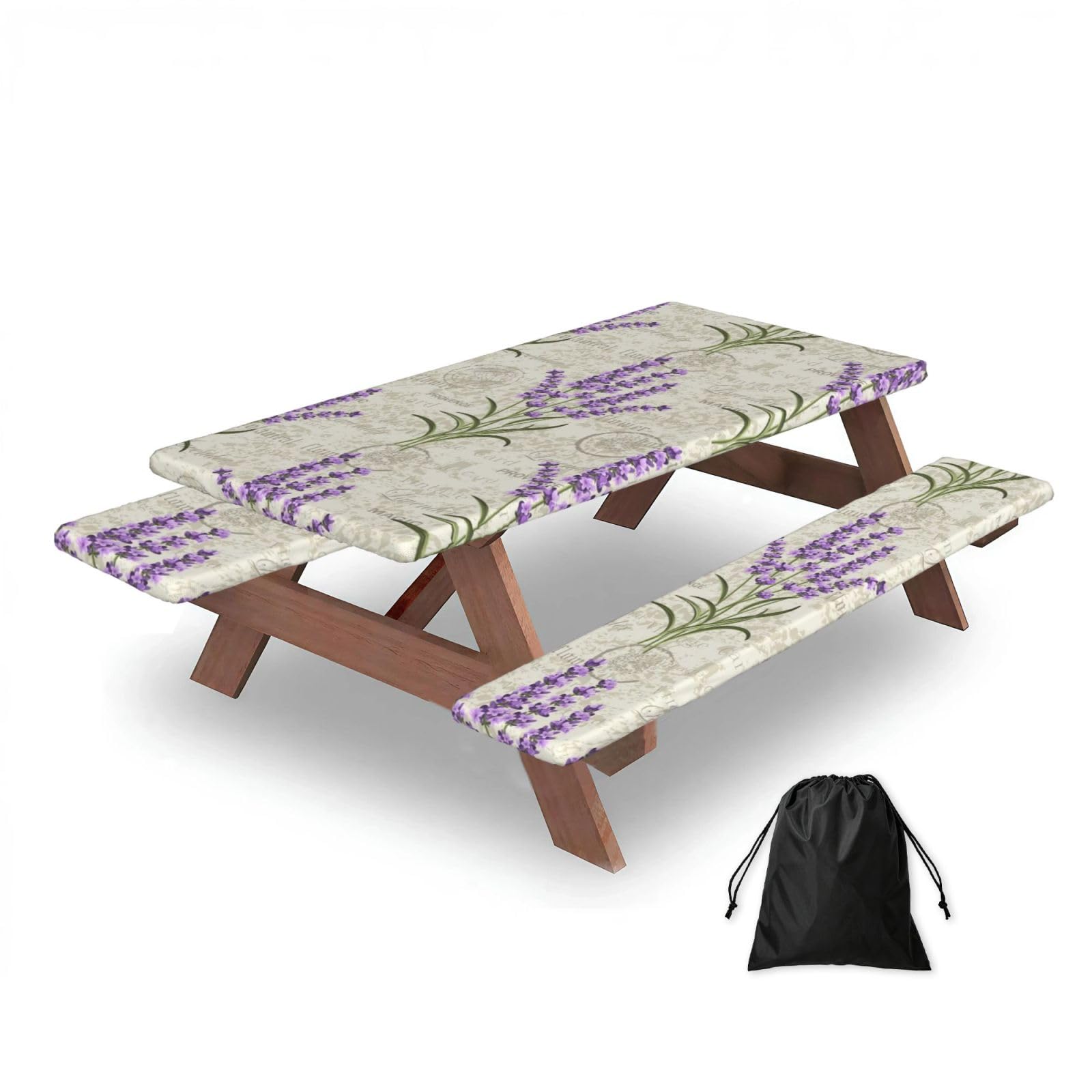 Dopklna As Picture Lavenders On Vintage Postcard, Picnic Table Cover With Bench Covers -Waterproof Elastic Fitted Tablecloth For Garden Camping Patio 76X152cm