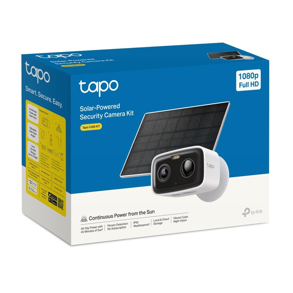 Tapo Kit de Caméra de Surveillance WiFi extérieure Full HD, Batterie 5200 mAh, jusqu'à 180 Jours d'autonomie, Vision Nocturne Couleur, détection de Personne, Alarme sonore et Lumineuse, IP65 C400 KIT