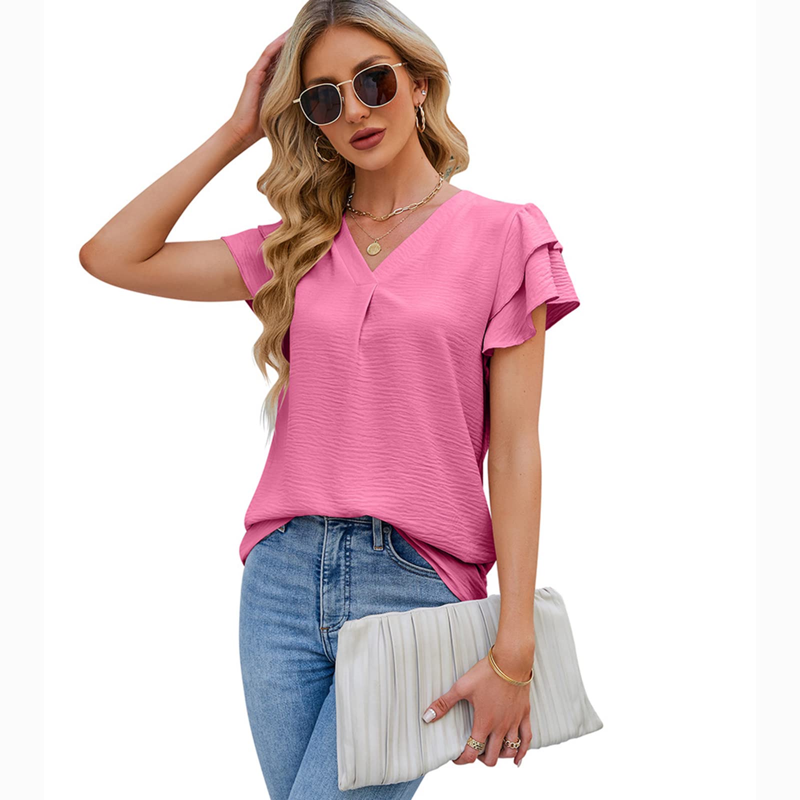 T-shirt Donna Scollo A V, Maniche Corte, Maglia Estiva Leggera In Poliestere Con 3 Bottoni, Nera