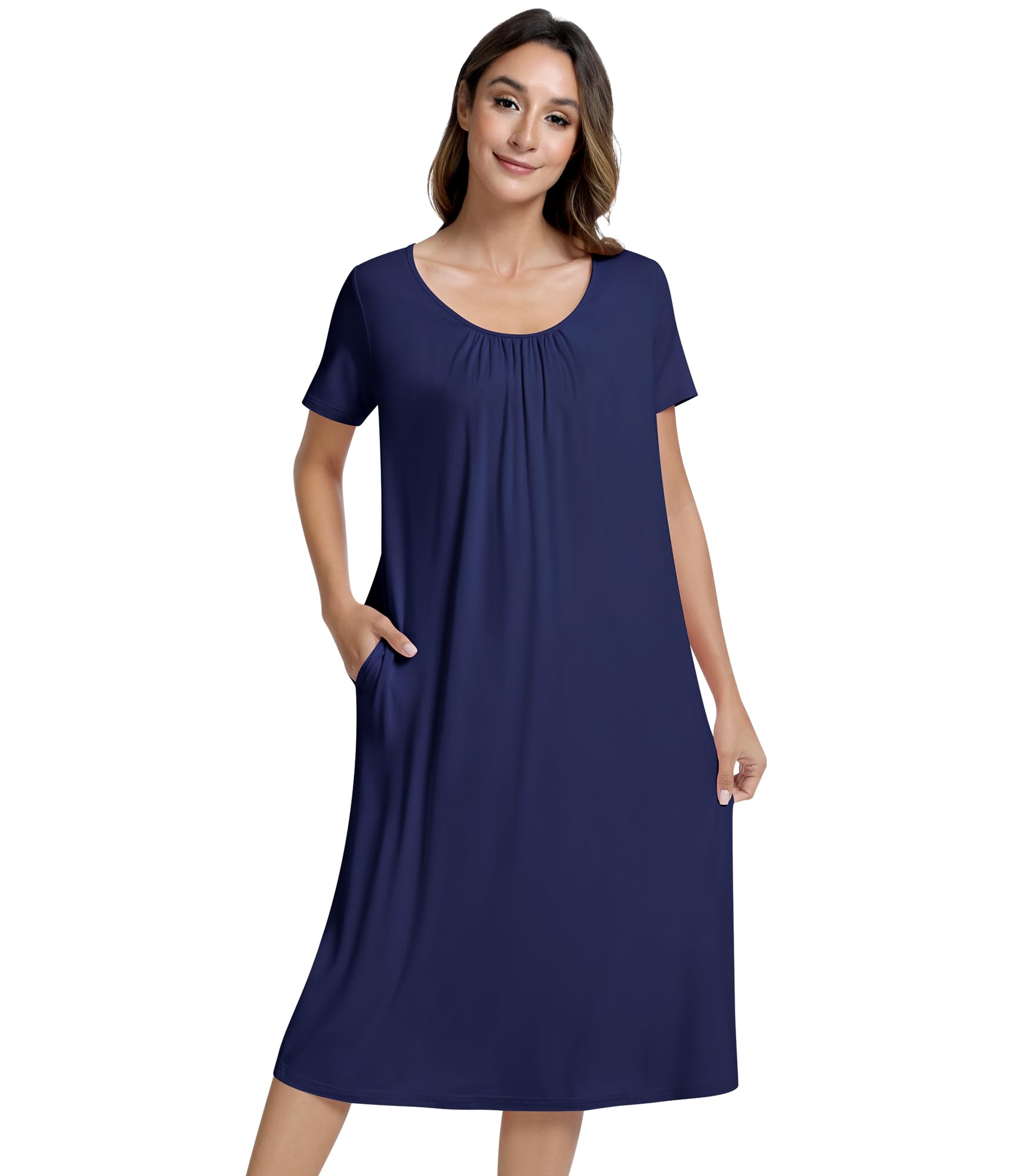 NACHILA Women's Nightgowns-Viscose Made from Bamboo,Short Sleeve Nightshirt Soft Sleep Shirts Cool Sleep Dress with Pockets