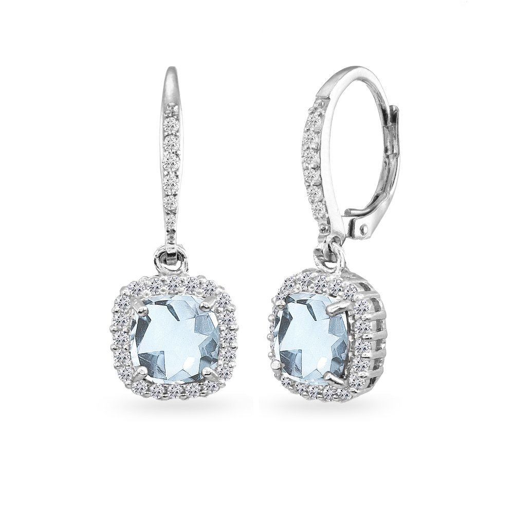Silver Birthstone Dangle Earrings - Genuine Gemstone, Cushion Cut Halo Leverback, Dainty Drop Earrings for Women