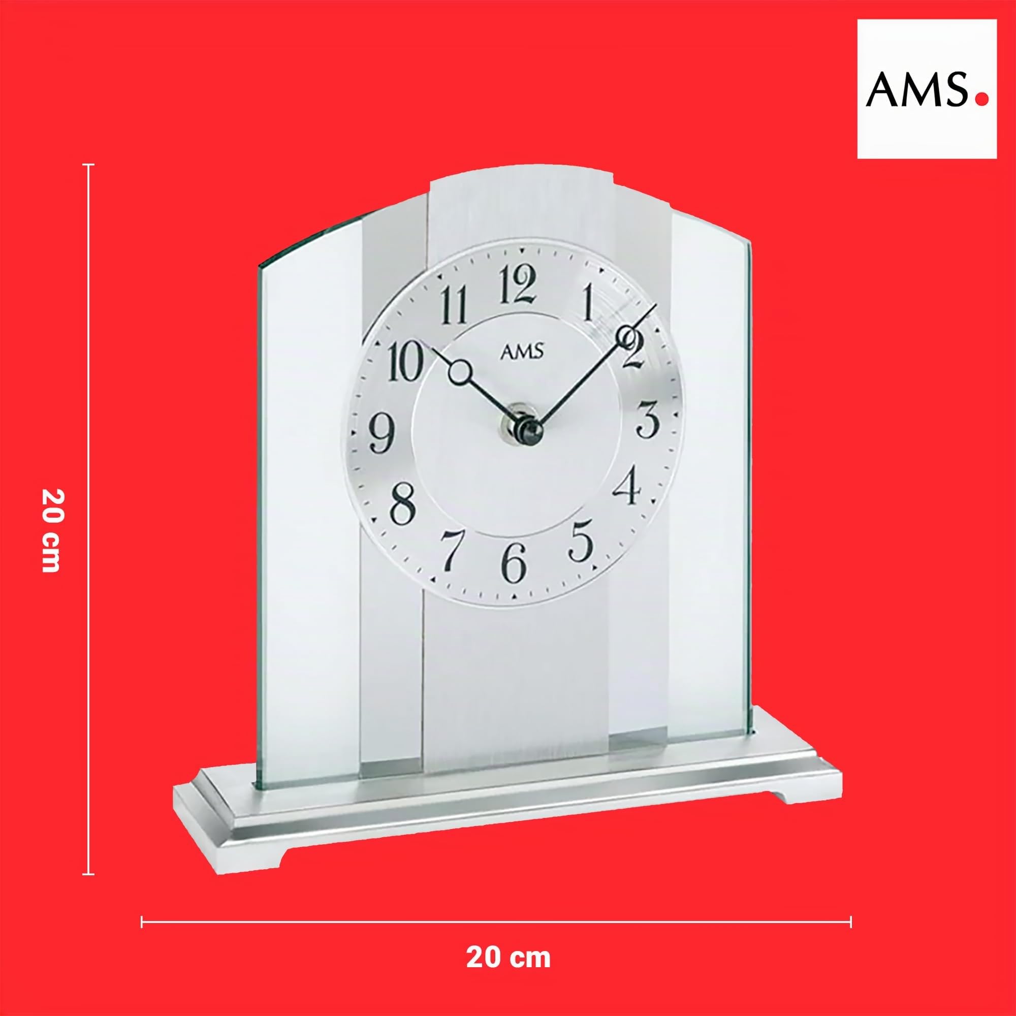 AMS 1120 Moderne Tischuhr mit Geräuschlosem Quarzwerk, Analog, Silbernes Zifferblatt mit Arabischen Ziffern, Mineralglas und Metall, Schwarze Zeiger, Maße: 20 x 20 x 6 cm