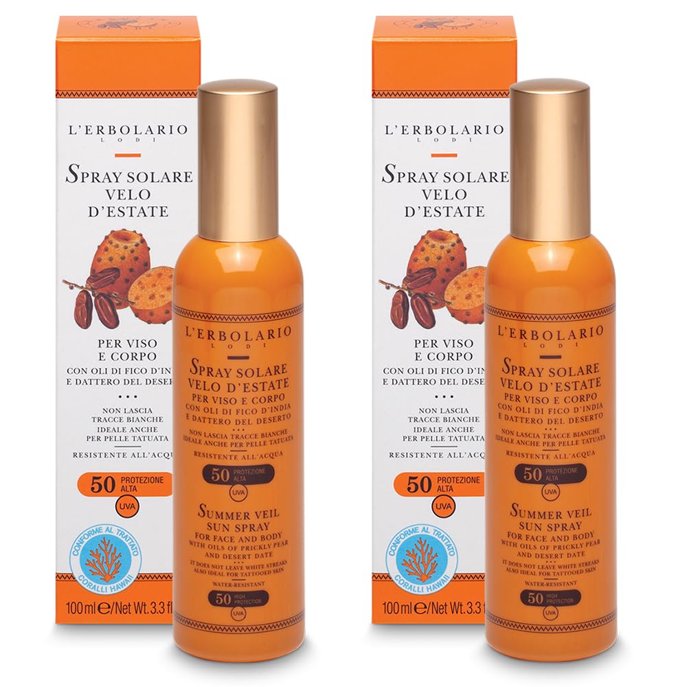 2x - L' Erbolario - Spray Solare VELO D'ESTATE SPF 50-100 ml - Protezione alta per viso corpo 100 ml Con oli di Fico d'India e Dattero