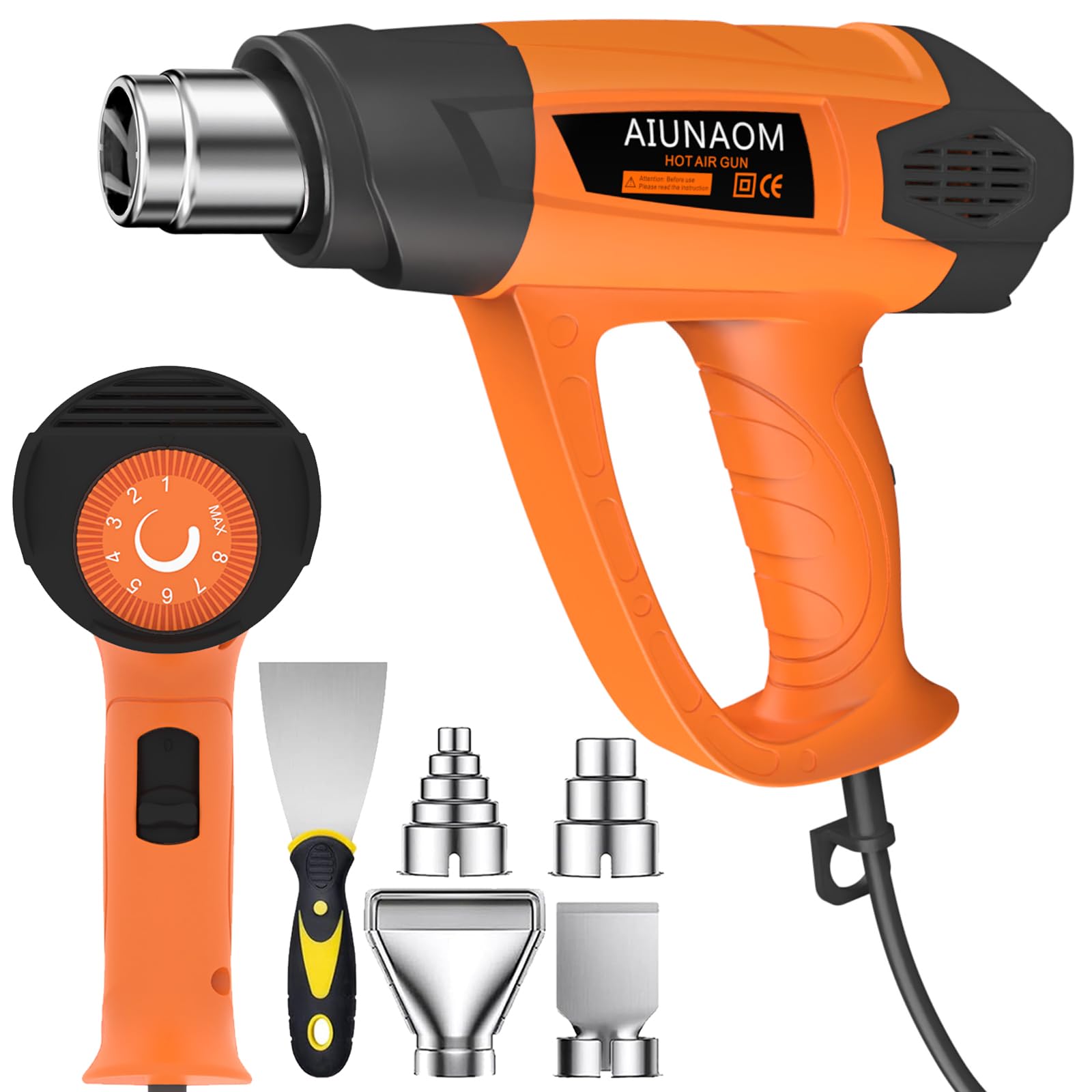 Heißluftpistole 2000W AIUNAOM Heißluftfön 9 einstellbare Temperaturstufen 50℃- 650℃ Heissluftgebläse mit 5 Zubehör Überlastschutz Geeignet zum Heizen, Schweißen und Auftauen(Orange)