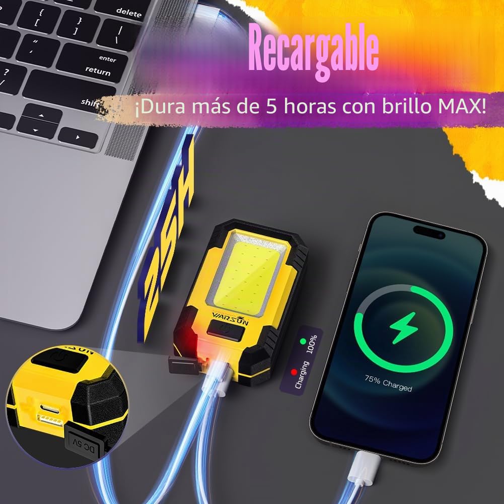 WARSUN Pack de 2 LED Linterna Taller Recargable Portátil Linterna de Trabajo con Base Magnética y Gancho 30 W 1200 lúmenes Súper Brillante para Reparación(Amarillo)