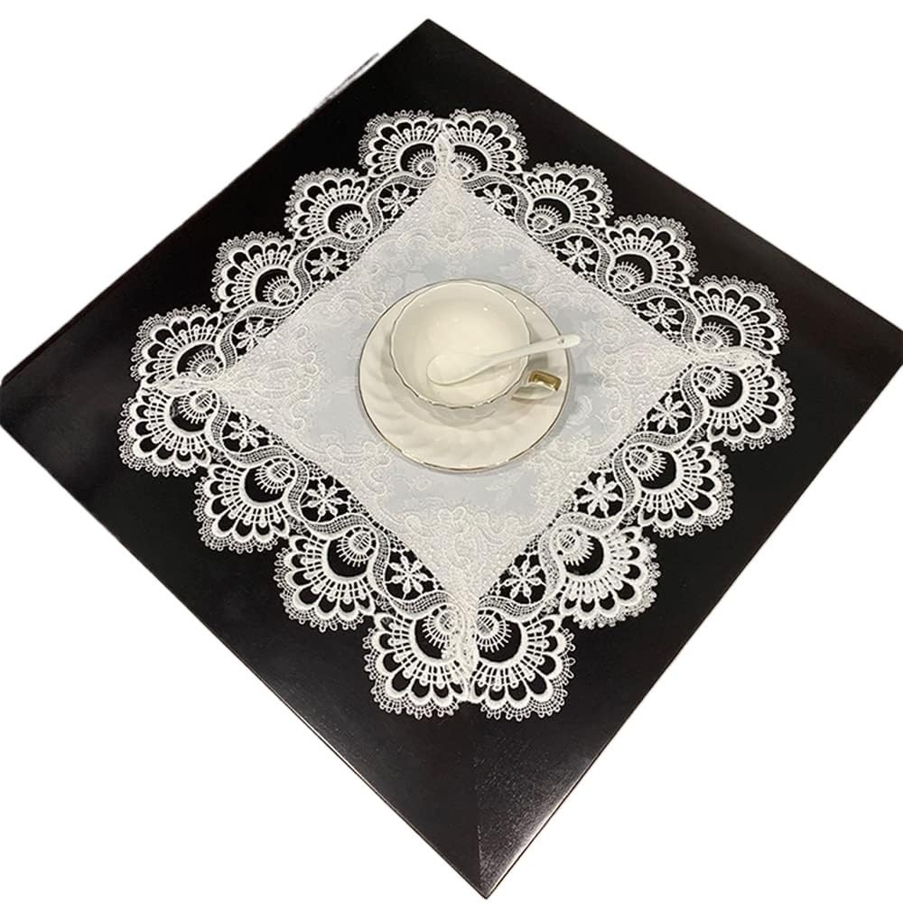 Faying Pure White Lace Table Doilies Square Bedside Tablecloth Nightstand Cover Coffee Dining Tables Centerpiece Small Table Cloth Vase Mat Cup Mat(Pure White)