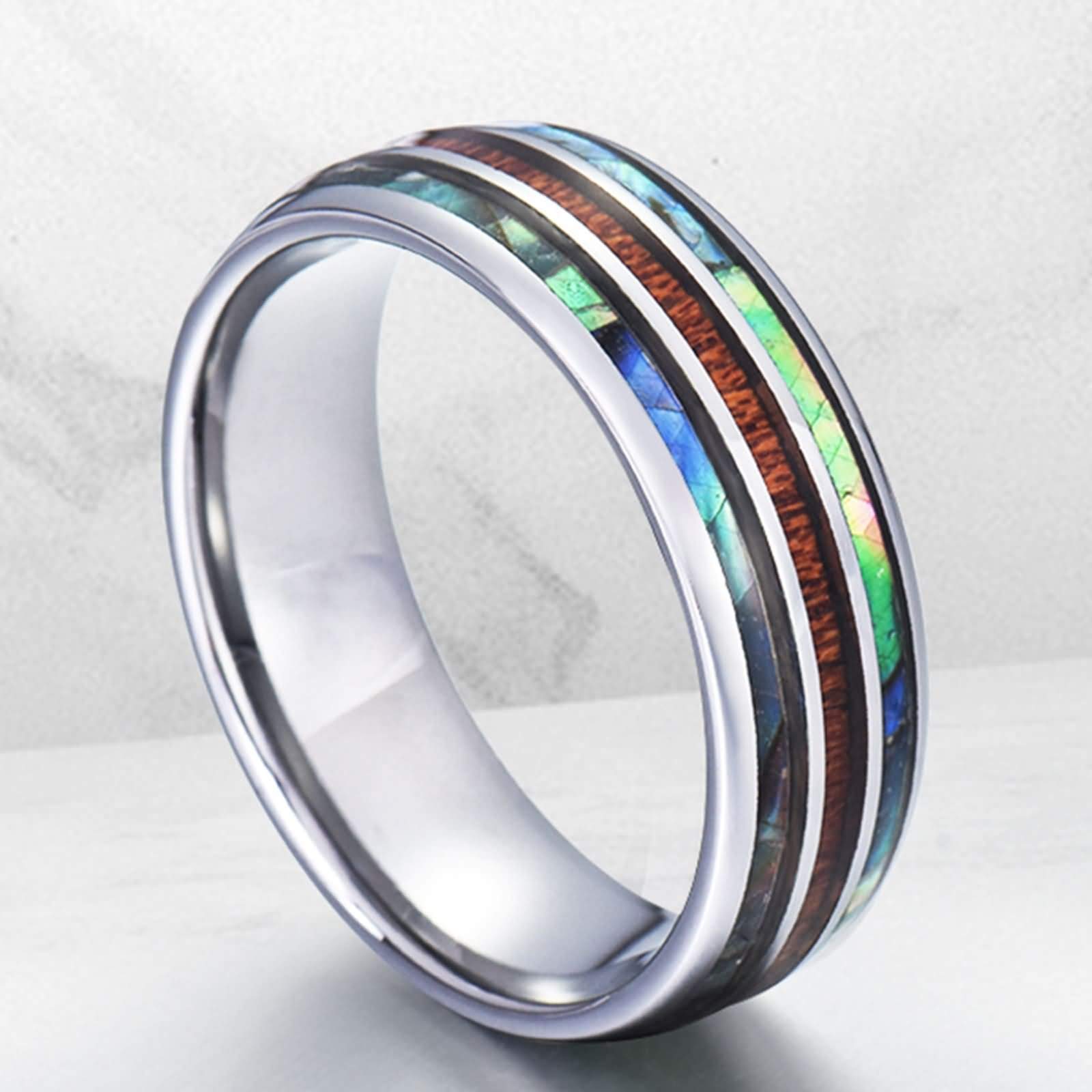 Anello Tungsteno Uomo Fede Nuziale Anello di Fidanzamento Intarsio di Legno e Abalone Anelli Uomo Personalizzabili 8MM Anelli Tungsteno Argento Misura 12-31