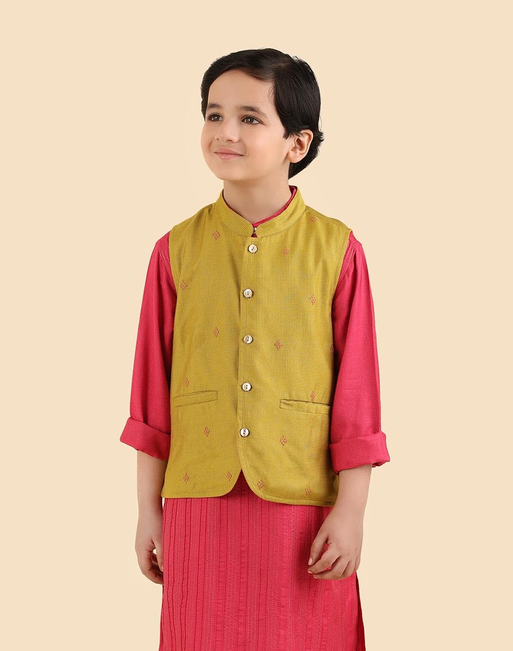 Fabindia Giacca Dobby Nehru in misto viscosa di cotone, verde