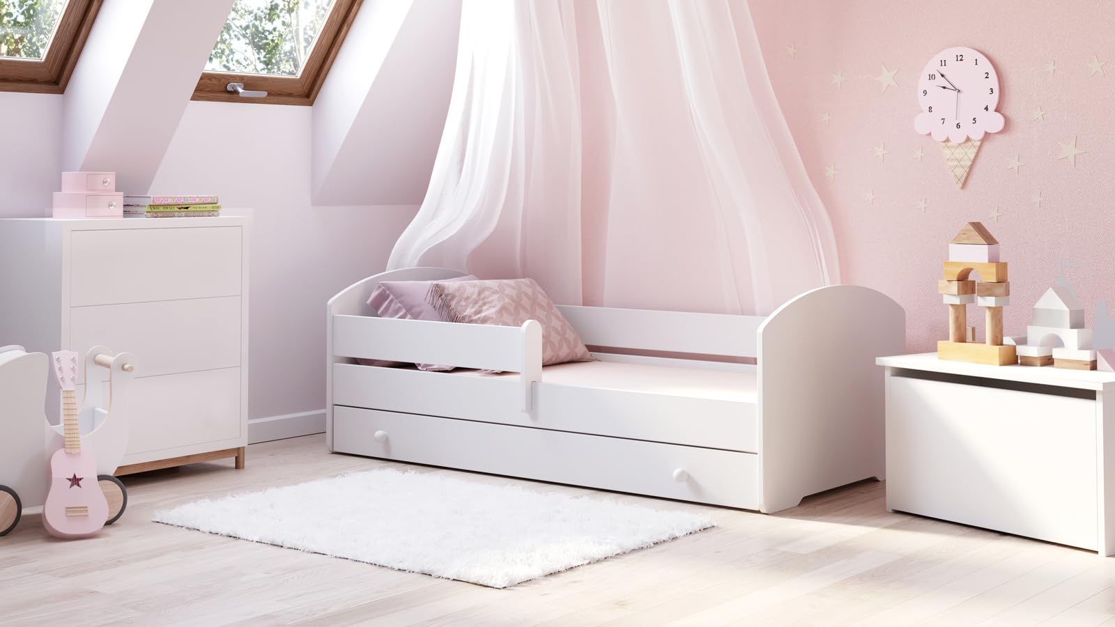 KOBI Cama Niño LUK Blanco 180x80 | Una cama para una habitación infantil y adolescente | Cajón, barrera de seguridad y colchón Incluido |