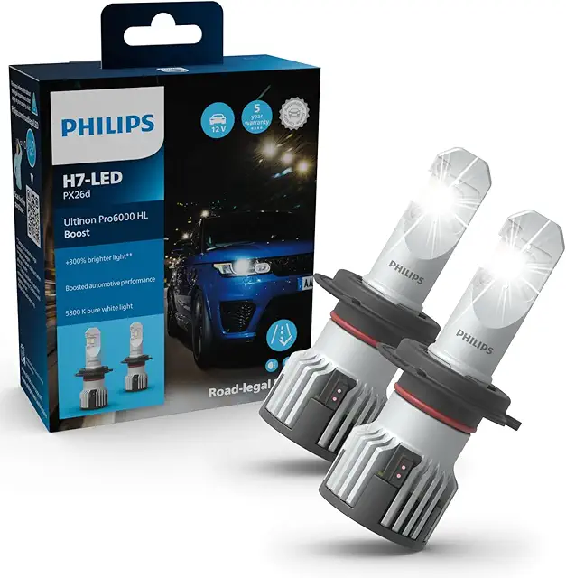 Philips Ultinon Pro6000 Boost H7-LED, ampoule LED pour éclairage avant automobile homologuée*, jusqu'à 300% de luminosité en plus**, 5.800K, conception ultra-compacte, set de 2