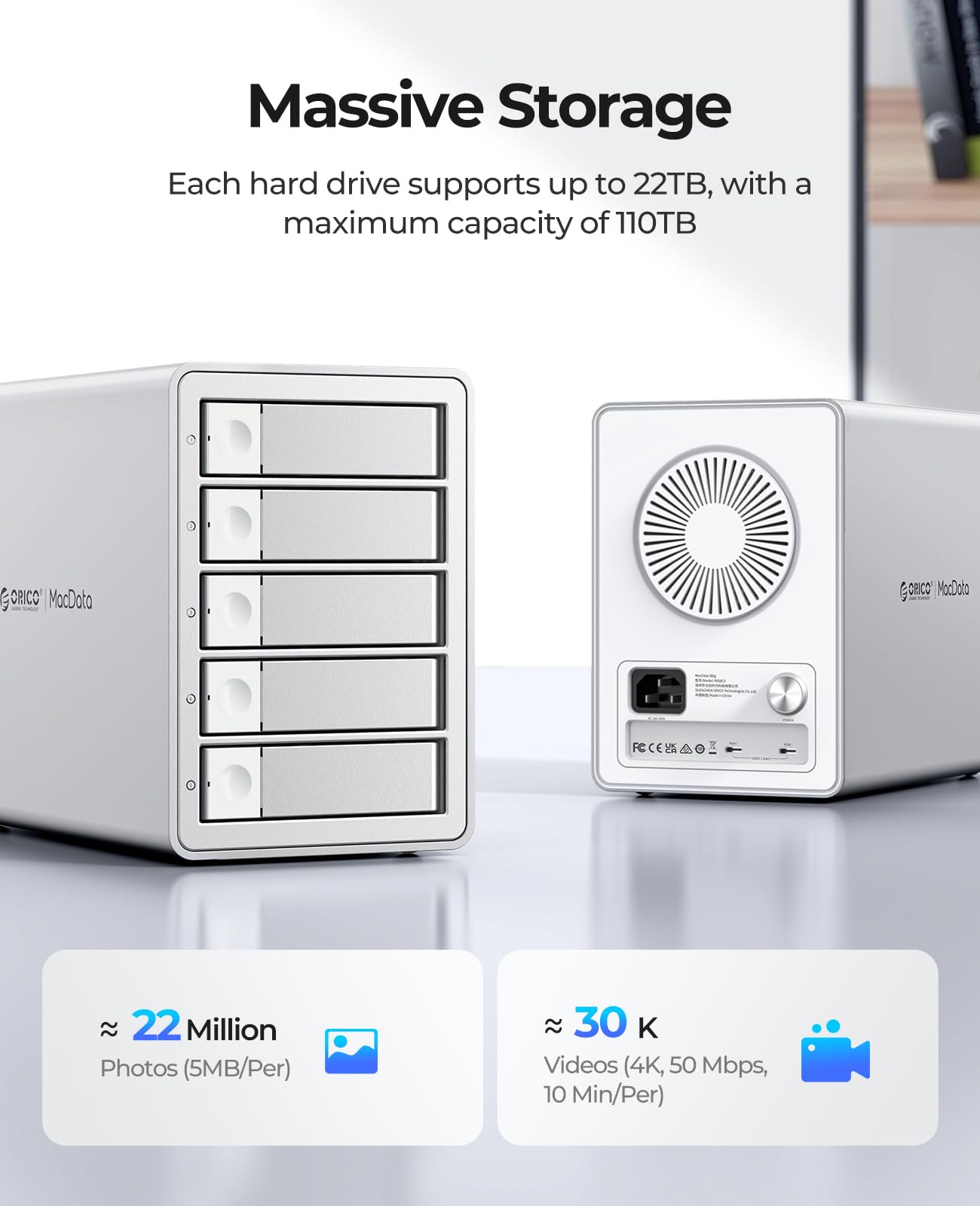 ORICO 5BIG Enclosure per disco rigido SATA HDD/SSD da 2,5/3,5 Pollici fino a 5 x 22 TB, Alluminio USB 3.1 Docking Station per Hard Disk, 10Gbps, Supporta Daisy Chain (9958C3)