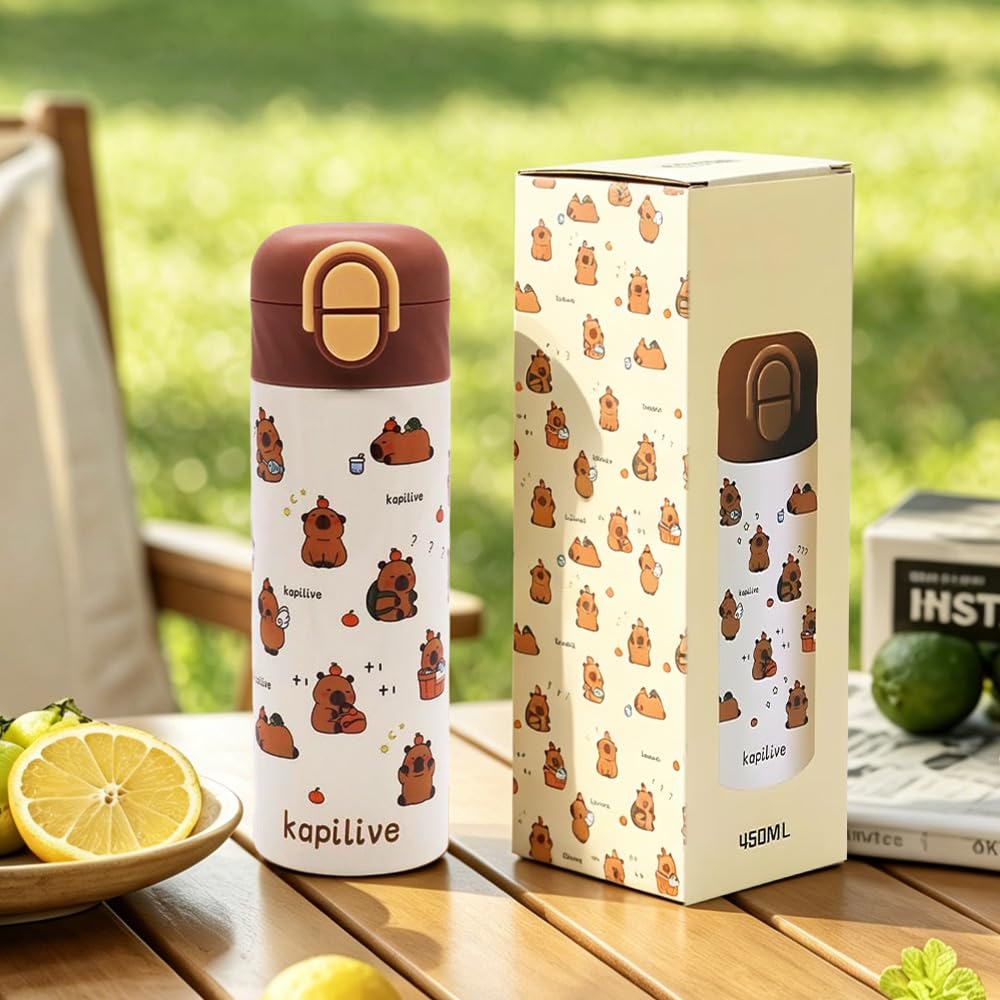 JYQOQH Capybara Water Bottle, 450ml/15oz Stainless Steel Water Bottle with Straw Lids, Capybara Gifts with Cute Print Insulated for Office Outdoor Sports School, for Birthday, School Days, Christmas
