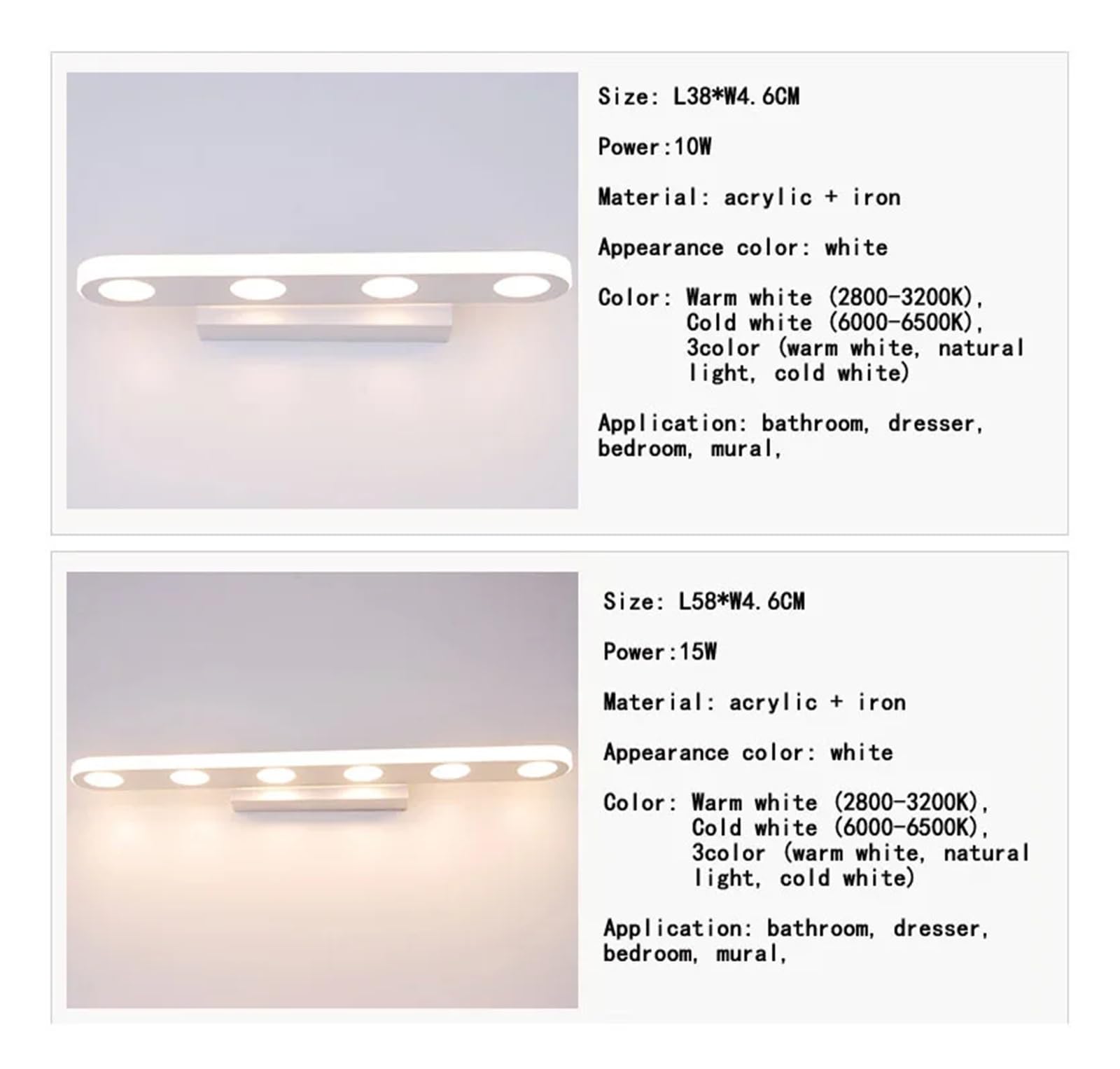 Luce Per Quadri Senza Filo, Lampada da parete a LED, luce frontale a specchio, 10 W, 15, semplice e moderno, for trucco, bagno, toilette, camera letto, bianca calda(Cold white,38cm 12W)