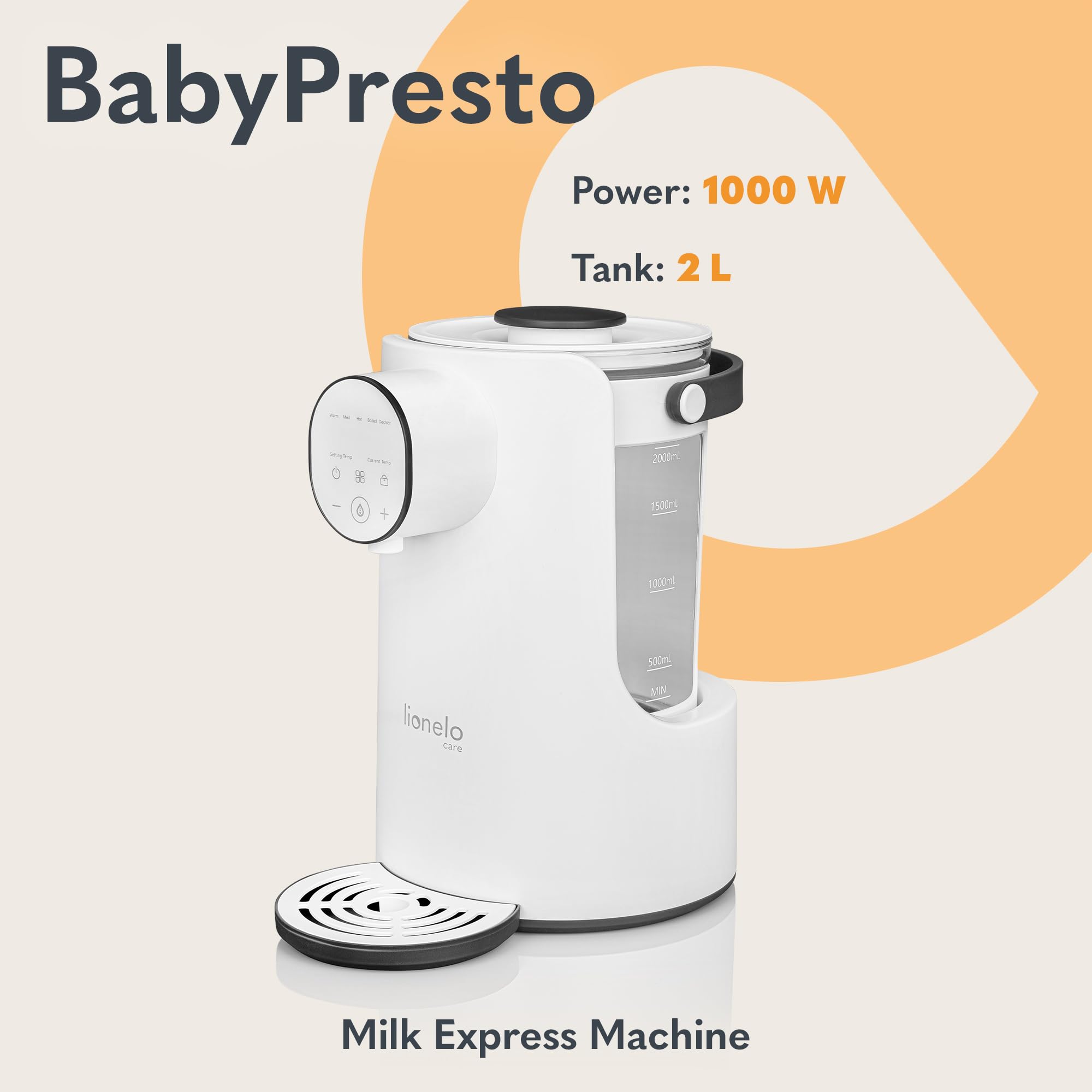 LIONELO BABYPRESTO Scaldal biberon. Bollitore Elettrico per Acqua 2 Litri Potenza 1000 W, Temperatura di Esercizio 35°-100°, Mantiene il Calore 24 ore Dosaggio Acqua 30-300 ml, Declorazione