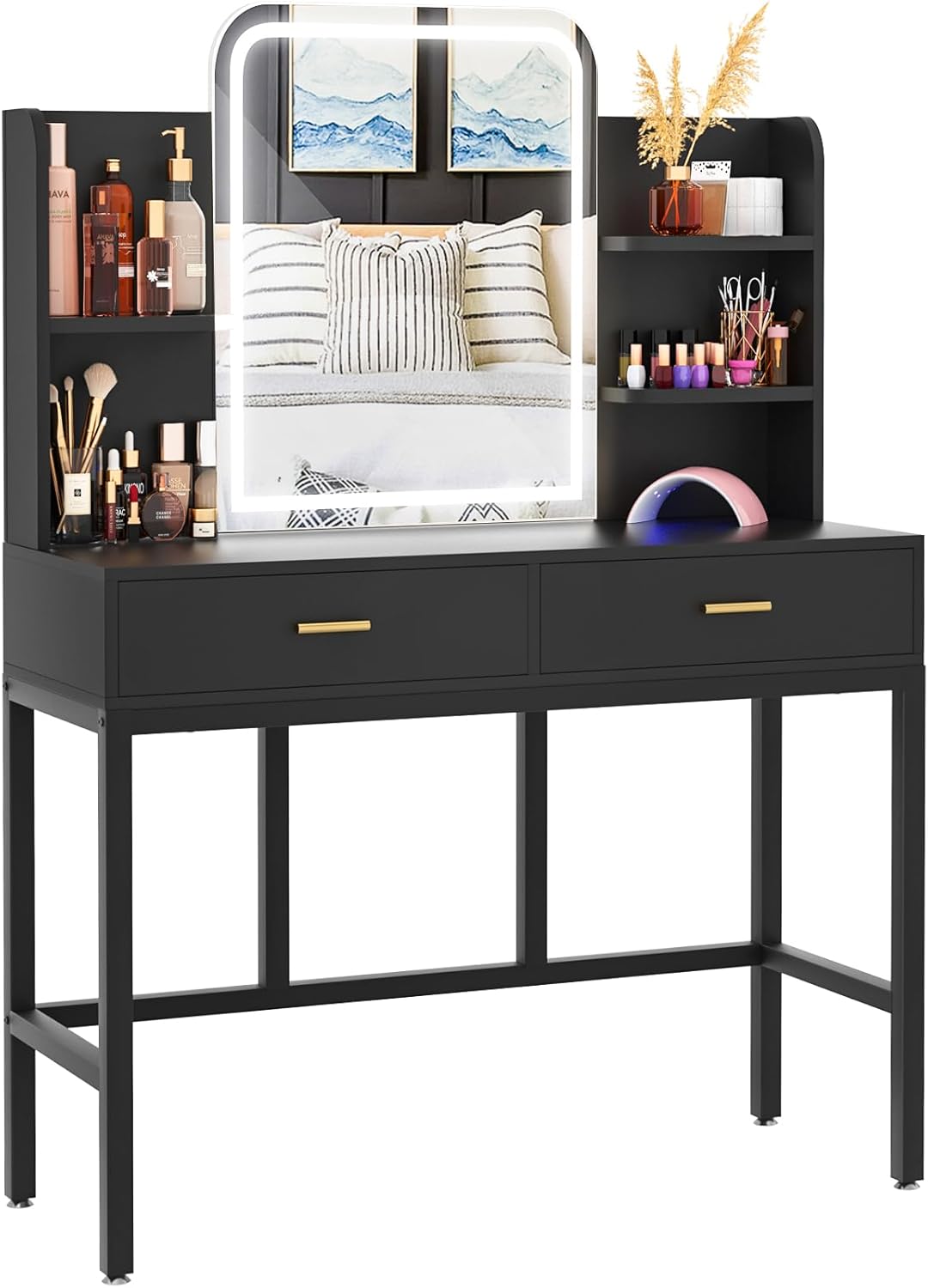 armocity Vanity Desk with Mirror and Lights, Makeup Vanity with 2 Storage Drawers, Vanity Table Set with 3 Color Lighting Options, Modern Dressing Table with Storage Shelf for Bedroom, Black 