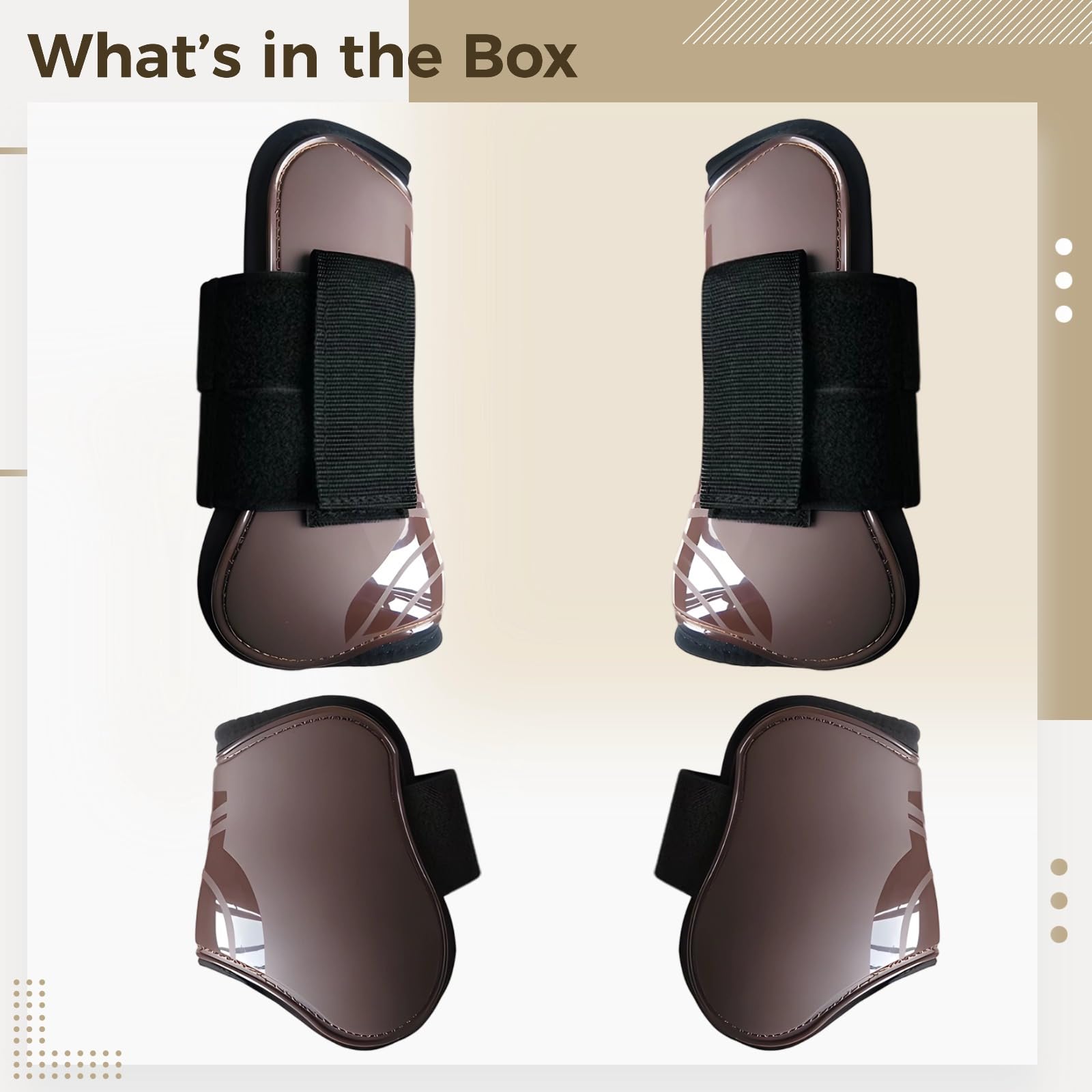 Pferdebeinschutz-Set, vorne offen und Streichkappen, PU-Sehnenstiefel, braun, Springen und Dressur, vorne 26,7 x 11,7 cm, hinten 15,9 x 12,4 cm, 4 Stück