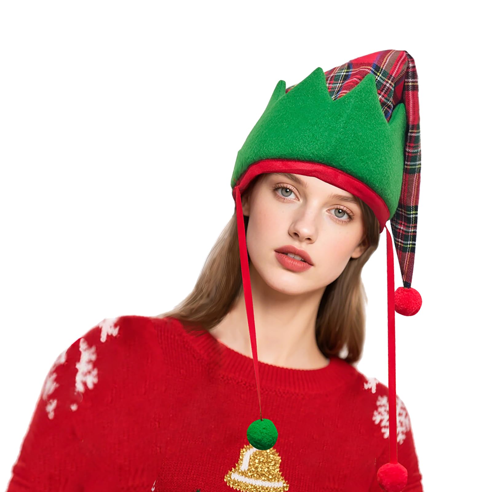 Christmas Elf Hat with Tartan Pattern Red and Green Plaid Design Santa Claus Hat with Pom Pom Decorations Fun Stocking Fillers Special Festive Surprises for New Year Xmas Holiday Party (Style-2)