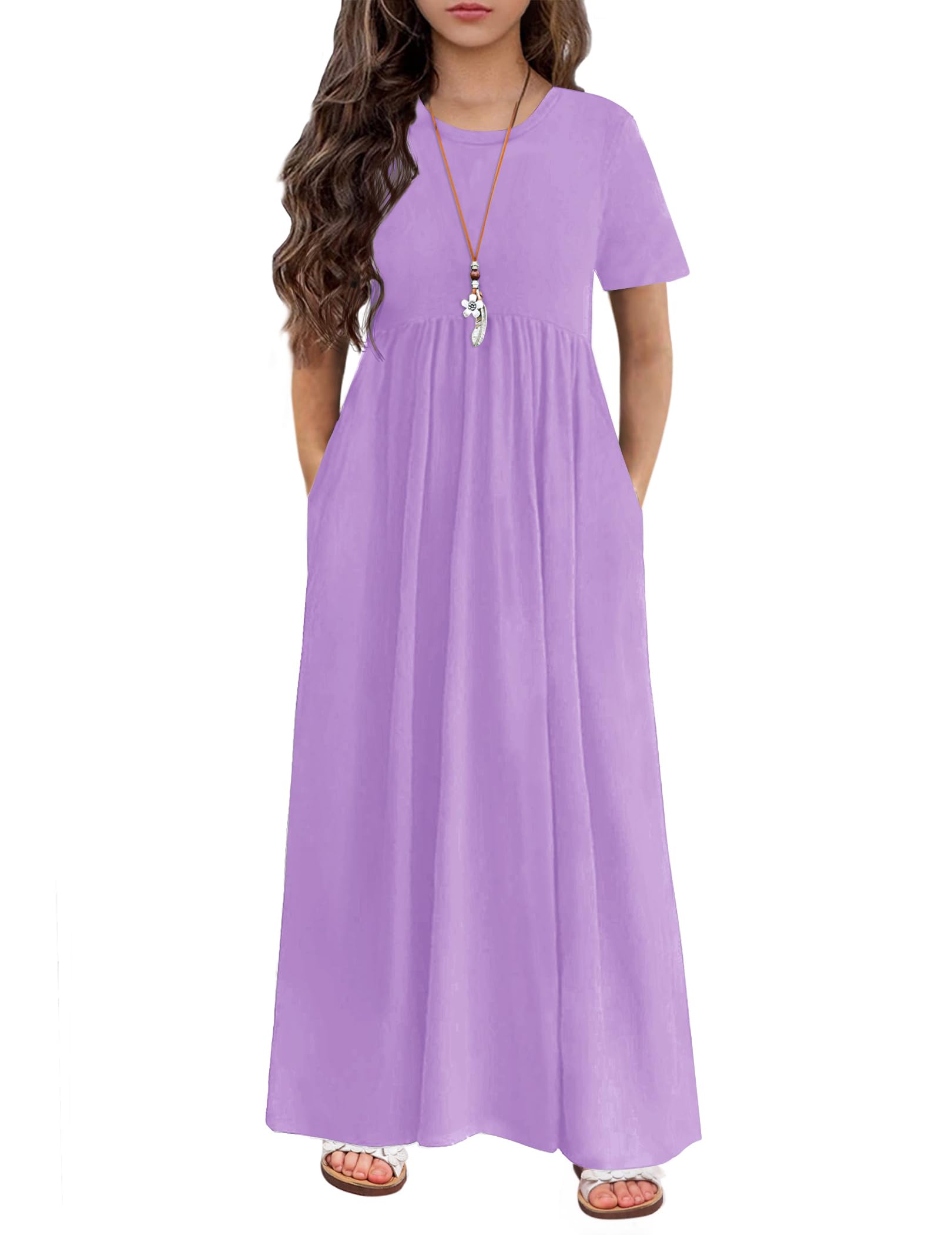 Arshiner Girls Maxi Dress Long/Short Sleeve Casual Holiday Dress with Pockets for 5-13 Years