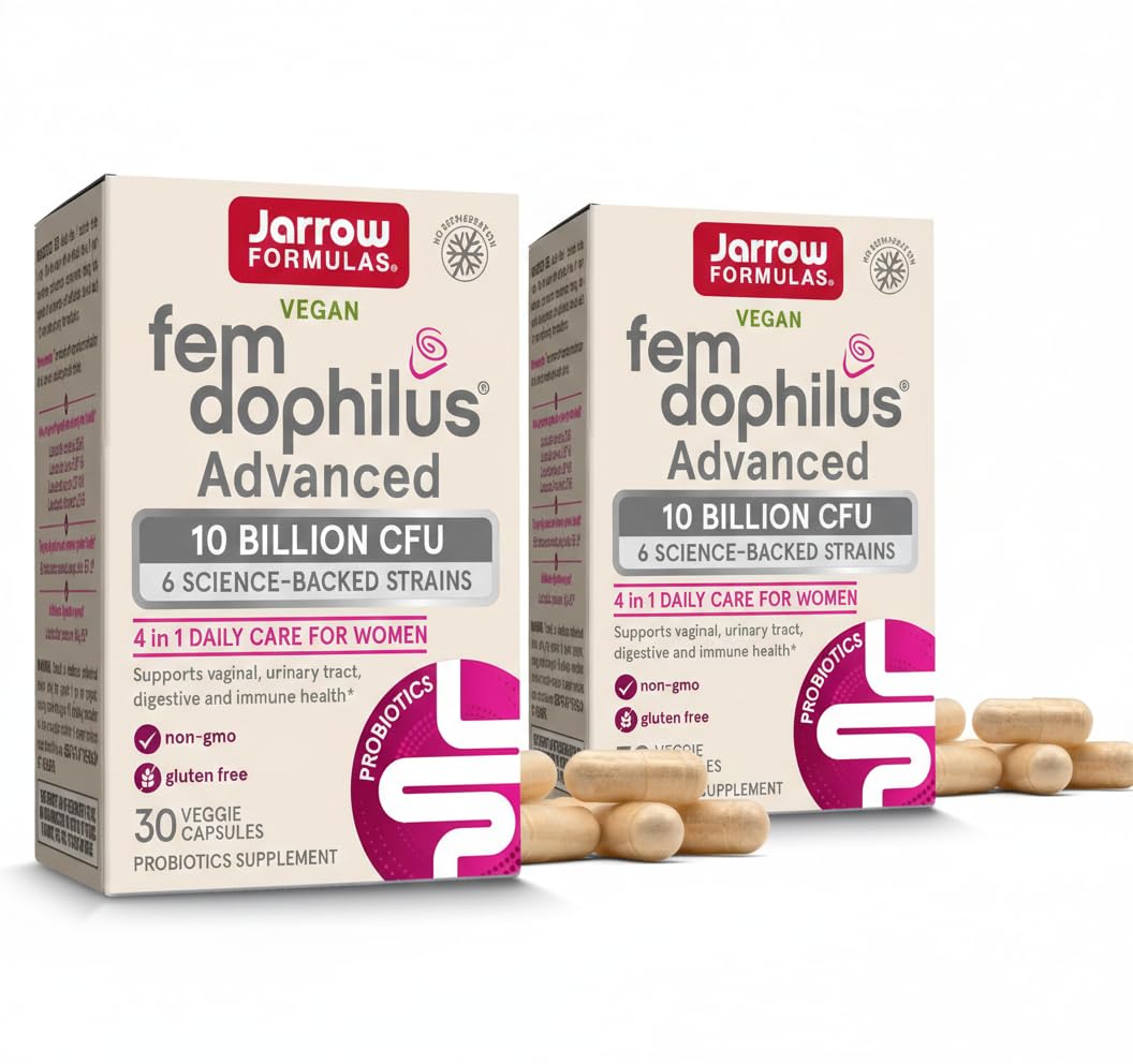 Jarrow Formulas Fem-Dophilus Advanced Vaginal & Digestive Probiotics 10 Billion CFU, for Vaginal, Urinary Tract, Digestive & Immune Support, 30 Capsules (Pack of 2) 30 Count (Pack of 2)