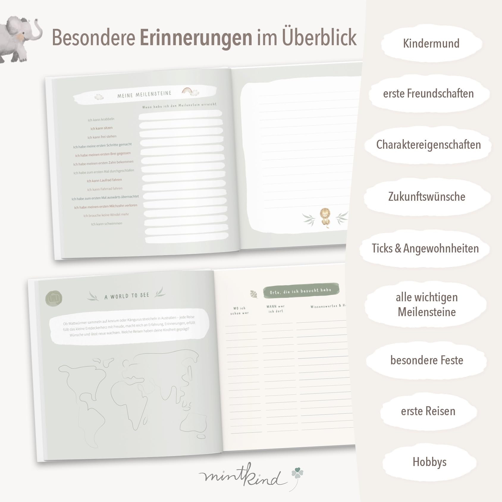 mintkind® Erinnerungsalbum Kindheit Salbei, Babybuch mit Sticker Set, Geschenk zur Geburt, Fotoalbum Kinder, Tagebuch zum Eintragen, Erinnerungsbuch 0–10 Jahre, Hardcover Album