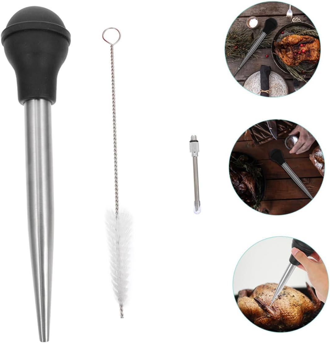 Stainless Steel Turkey Seasoning Injector with Silicone Tube Meat Injector Tool for BBQ Roasting Baking and Grilling Suitable for Poultry Beef Pork and Fish