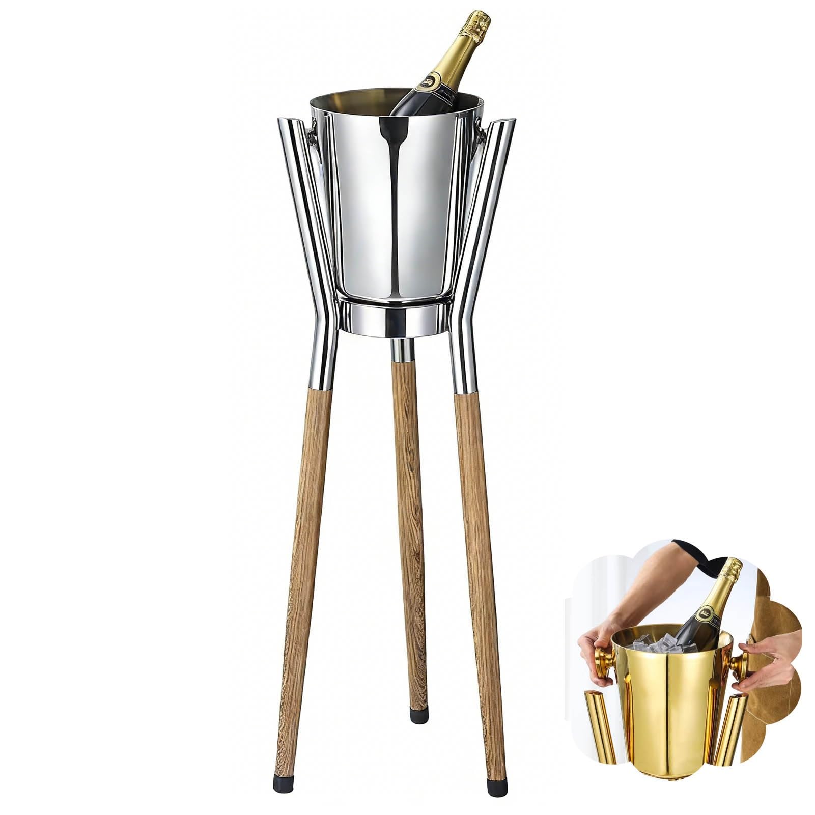 Cubitera de hielo de pie con soporte, soporte desmontable para botellas de vino con asas para bar, fiesta, boda