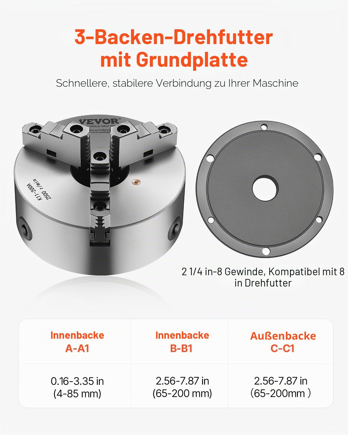 VEVOR 3-Backen-Drehfutter, φ200 mm, Spannfutter mit 57,15-mm-8-Gewinde-Trägerplatte, 4-200 mm Spannbereich mit T-Schlüsselschrauben, HT300-Material, für Holz-Metall-Drehmaschinen