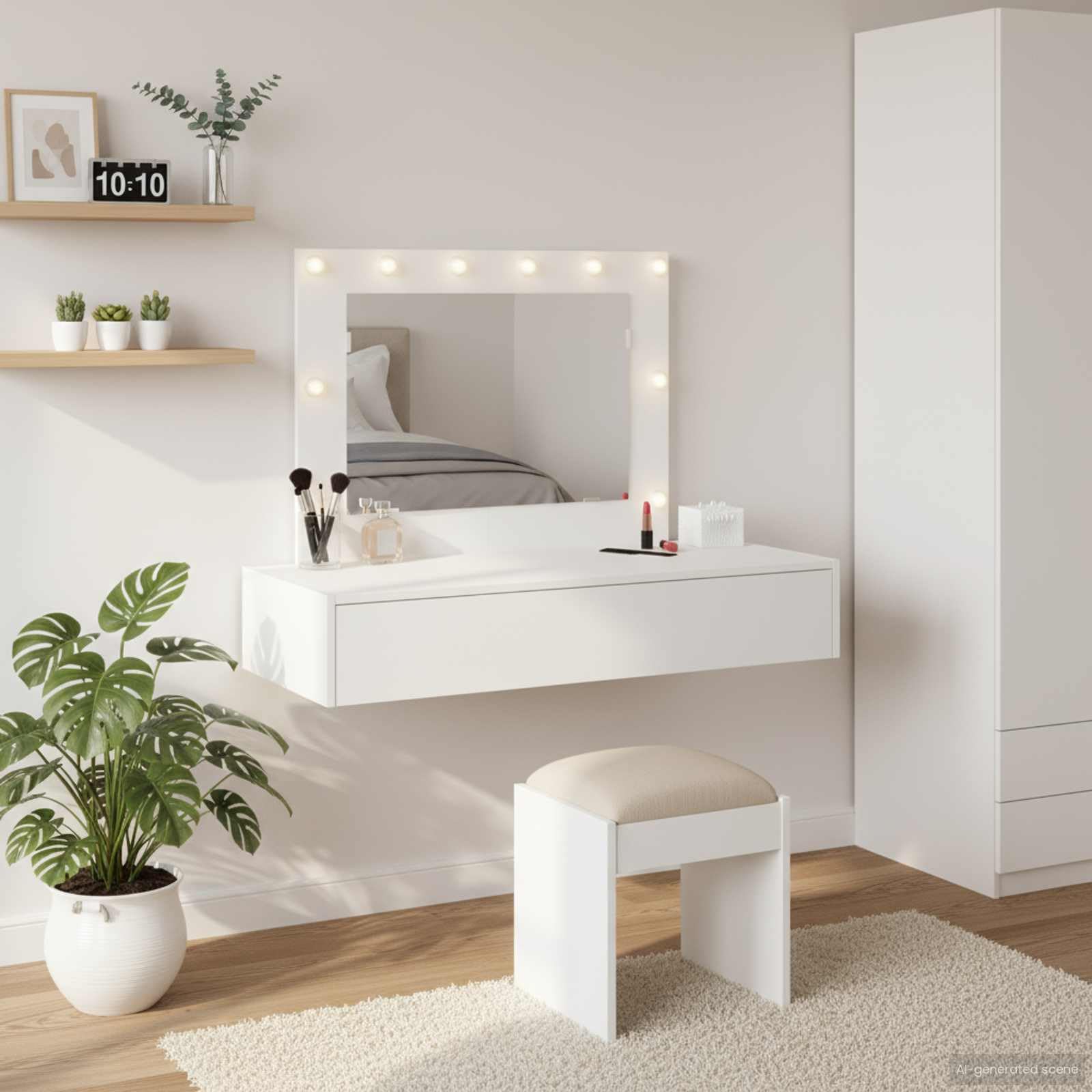 Tomostar Coiffeuse Murale avec Miroir et Lumières, Table de Maquillage Suspendue avec Tiroir Table de Toilette Murale Blanc 100 x 40 x 70 cm Bois d'ingénierie