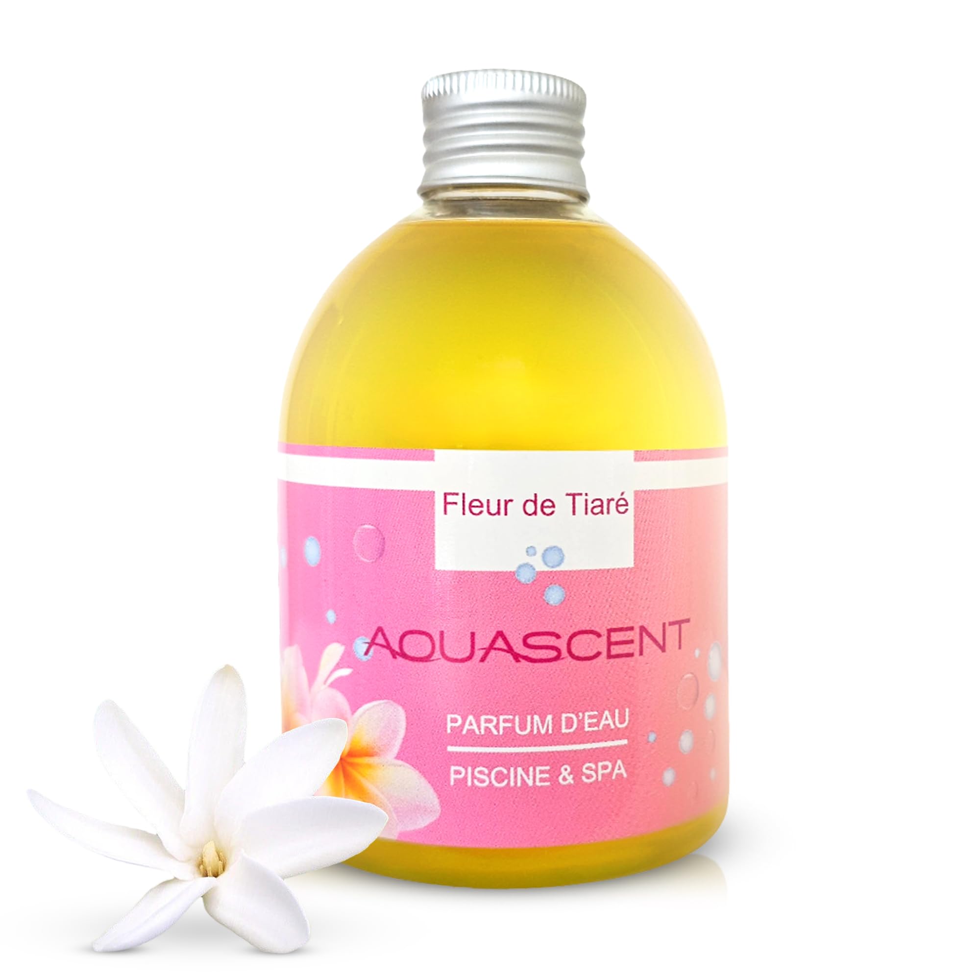 Parfum d'Eau Piscine et Spa FLEUR DE TIARE - Concentré 250ml : élimine les odeurs, préserve l'eau claire, sans alcool ni colorant. Fabriqué en France. Compatible Sel & Chlore